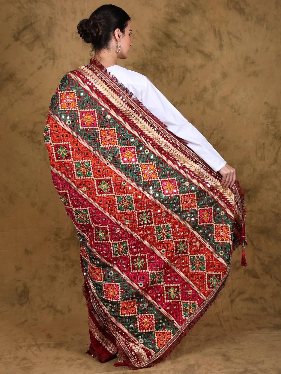 Exotic India Phulkari Dupatta/Chunni For Women's from Punjab with Multicolor Thread Embroidery and Bead-Mirror Work - Image 4