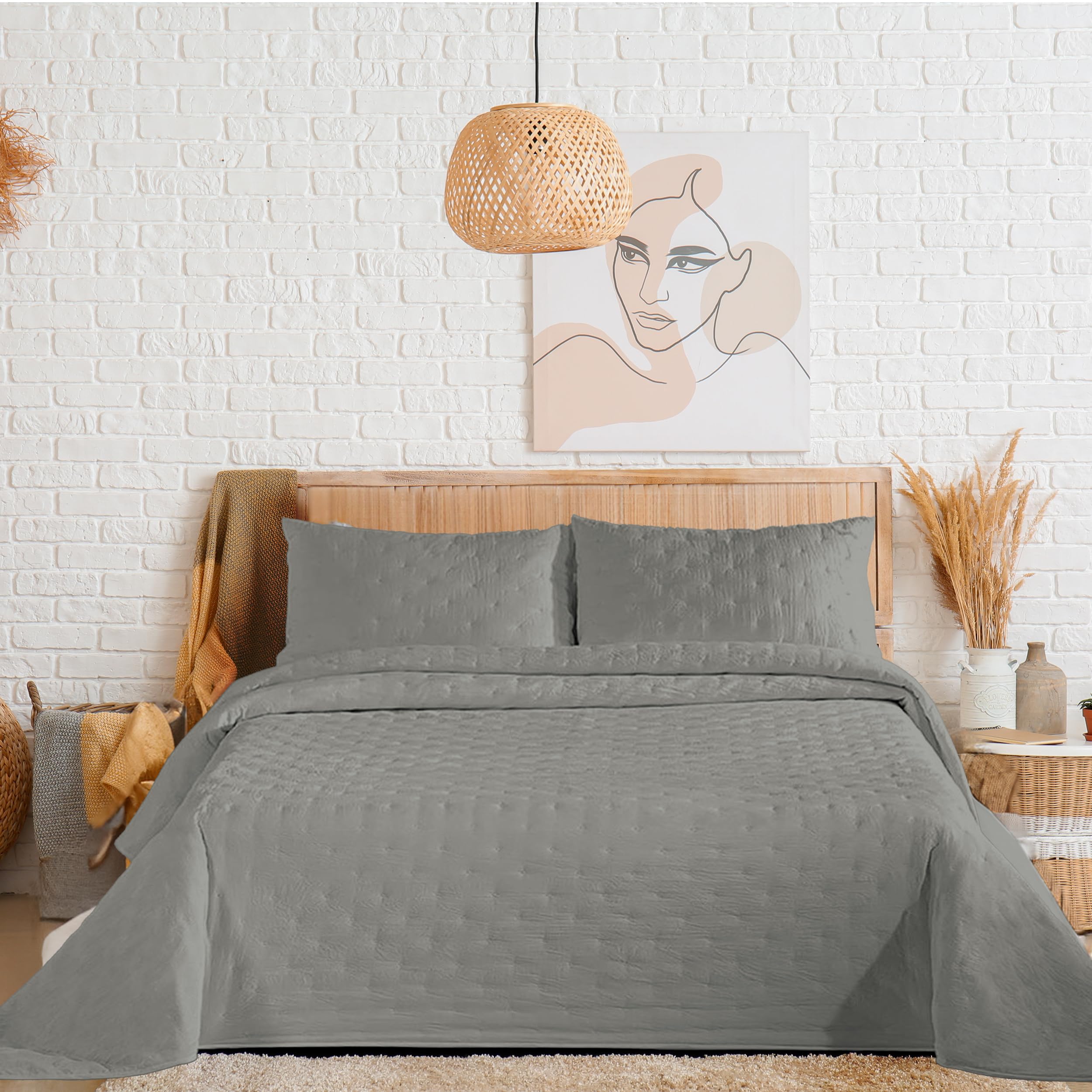 Colcha Boutis para Primavera y Verano Bicolor Reversible Liso de Color Beig + 2 Funda Cojin 50x70 cm - Colcha Ligera Fina Entretiempo (Cama 135, 220x260cm) — view 9
