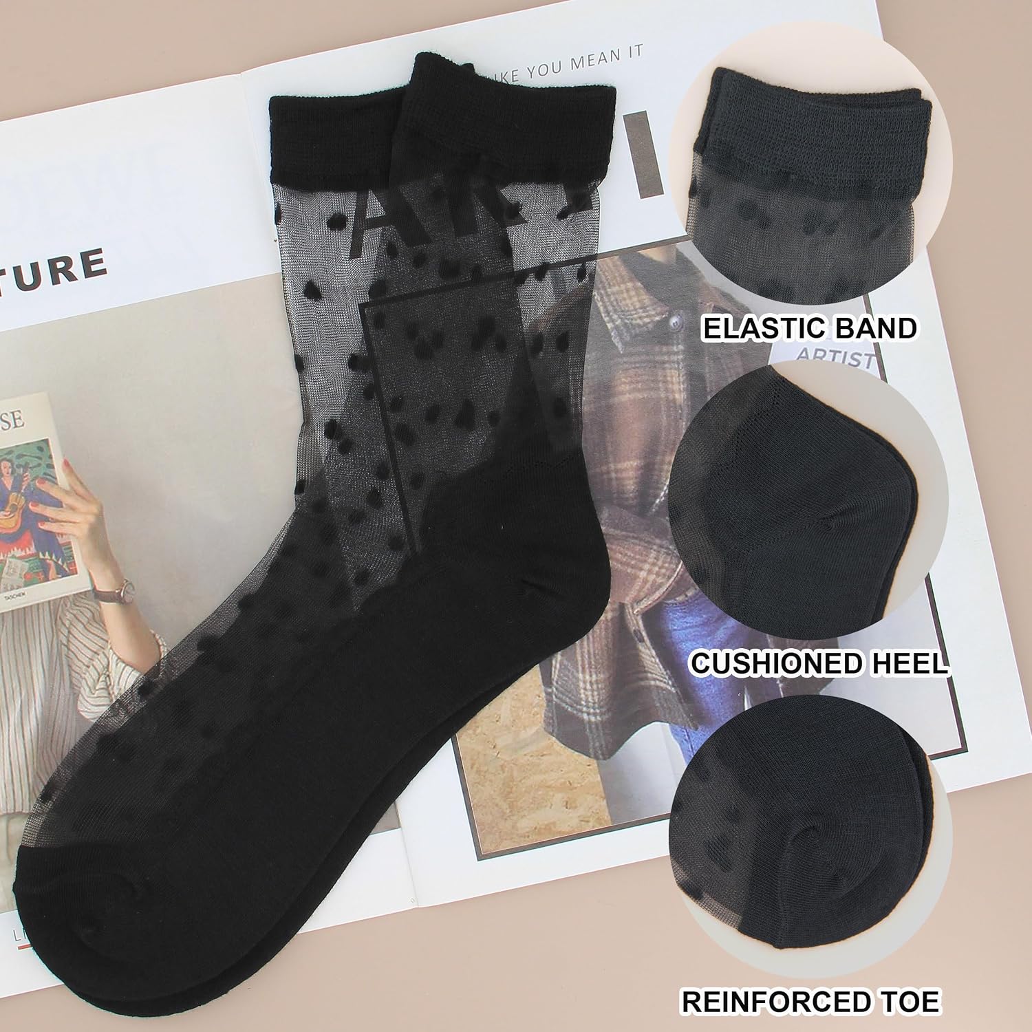 YFUNNLE 5Pairs Womens Sheer Socks Summer Transparent Thin Nylon Mesh See Through Floral Sexy Ankle Socks Size 5-8
