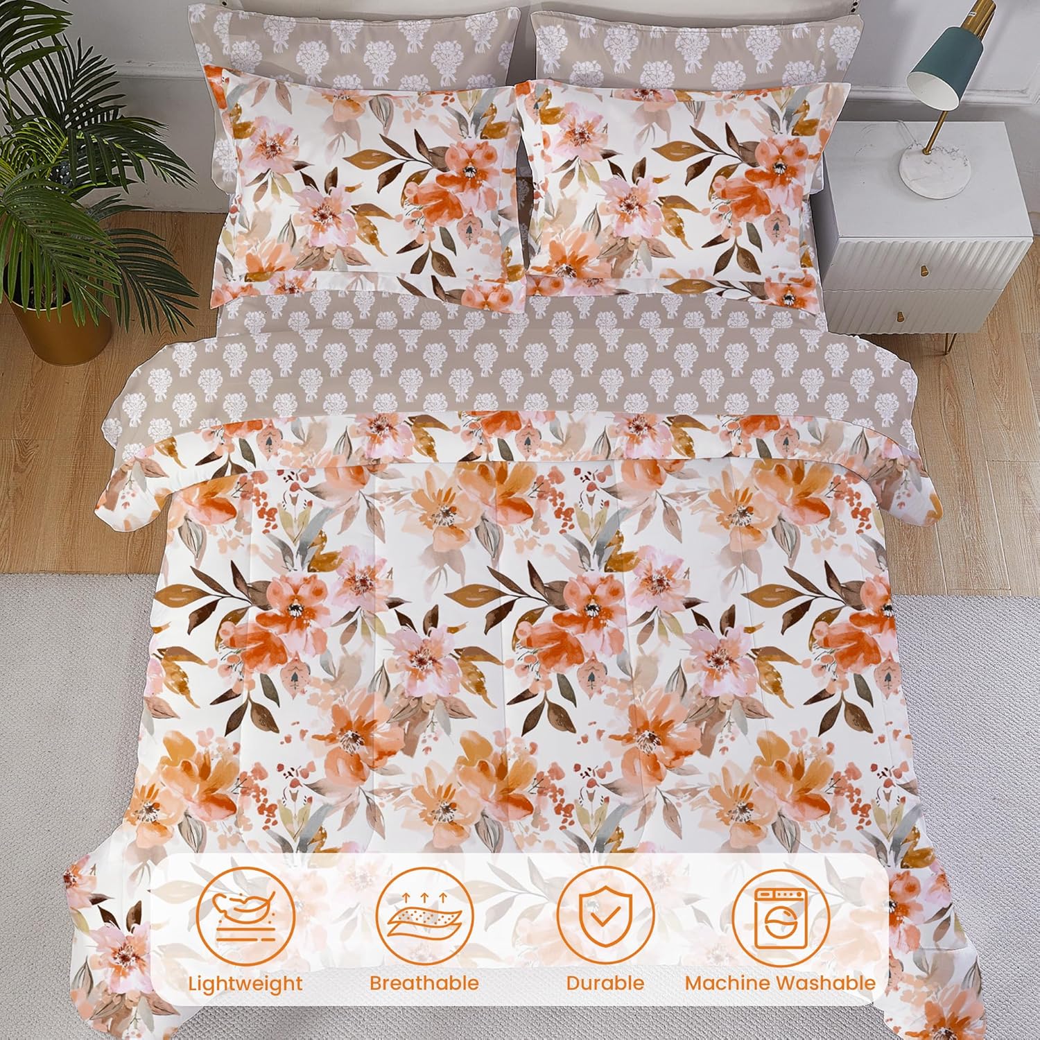 lasoftan Floral Queen Comforter Set with Sheets, 7 piece Luxury Vintage Bedding, Soft Microfiber Bed in a Bag, Cozy Lightweight Bed Set, Burnt Orange Flower Brown Leaf Fall