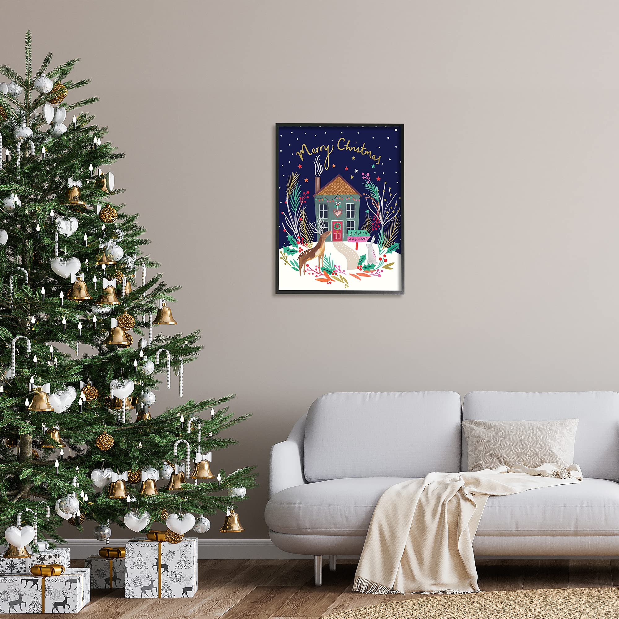 Stupell Industries Merry Christmas Family Home Scene Festive Reindeer Holly, Designed by Heather McLaughlin Black Framed Wall Art, 24 x 30, Blue