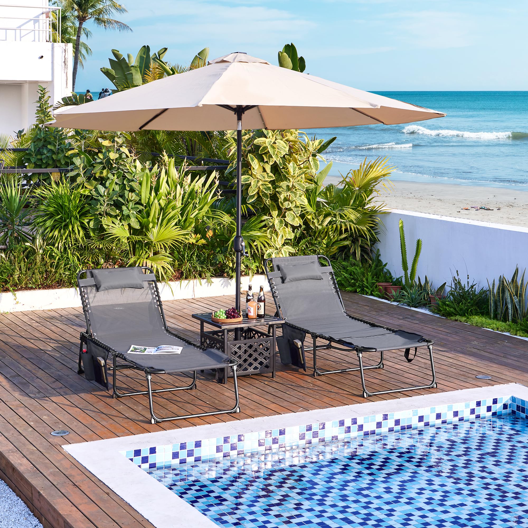 Abician Transat Jardin Exterieur Inclinable à 5 Positions avec Matelas Bains de Soleil Pliable Multifonctionnel avec Appuie-tête, Poche pour Lecture Bronzer Le Dos Piscine Plage Patio Terrasse