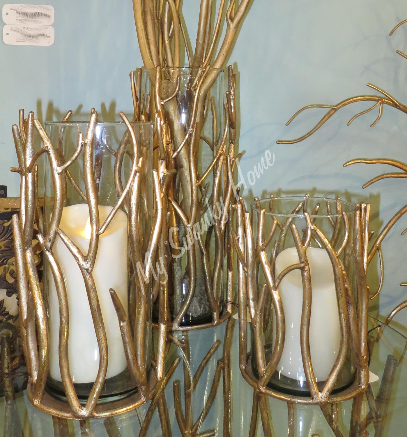 MY SWANKY HOME Tall 15" Gold Branch Pillar Candle Holder | Metal Hurricane Twig
