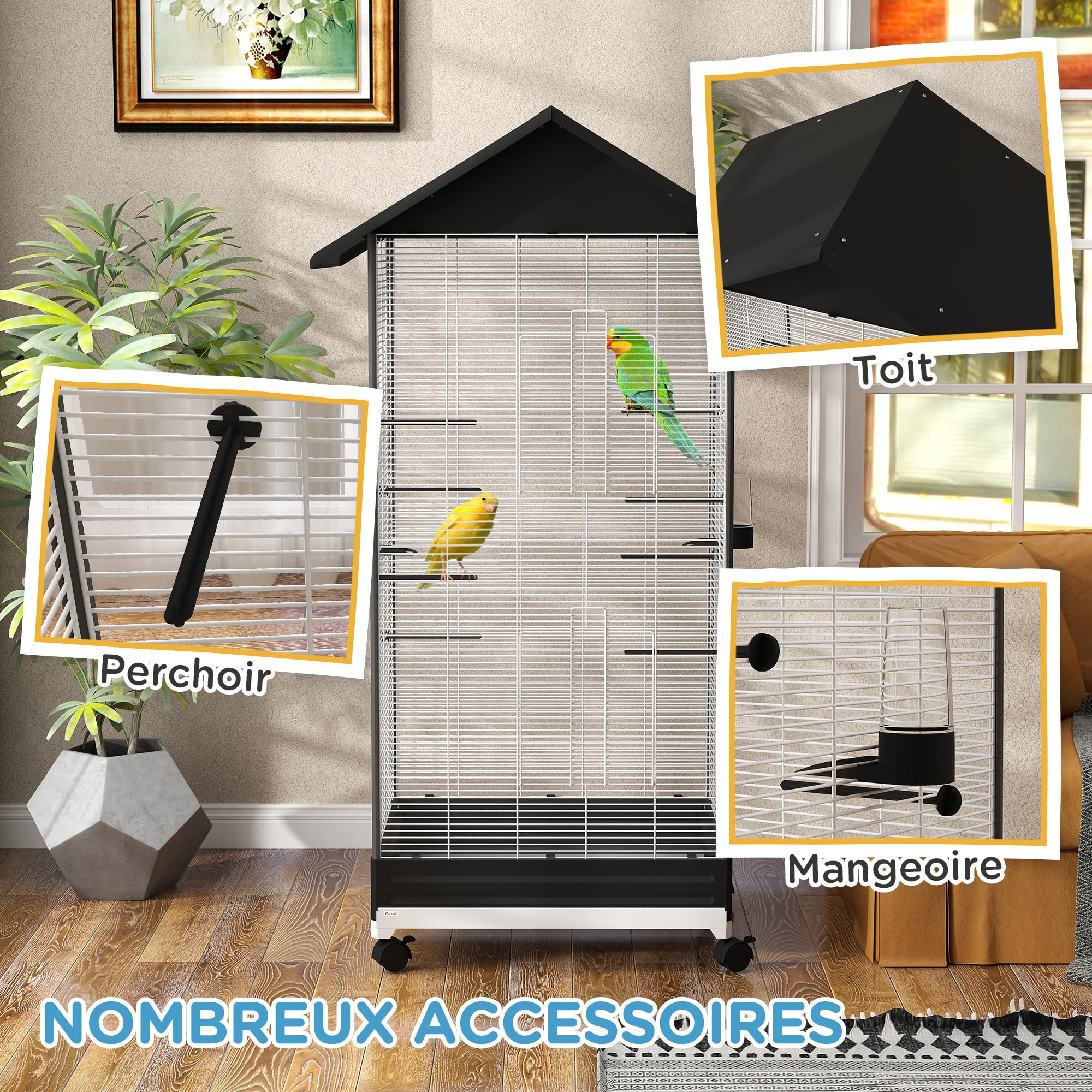 PawHut Cage Oiseau sur Pied Volière Intérieure Roulettes Plateau Coulissant 2 Mangeoires 8 Perchoirs 79 x 65 x 155 cm Fil d'acier Noir