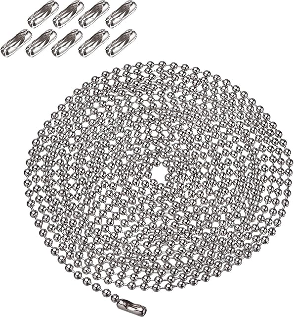 Beaded Pull Chain Extension with Connector, 10 Feet Beaded Roller Chain with 10 Matching Connectors (3.2 mm, Silver)