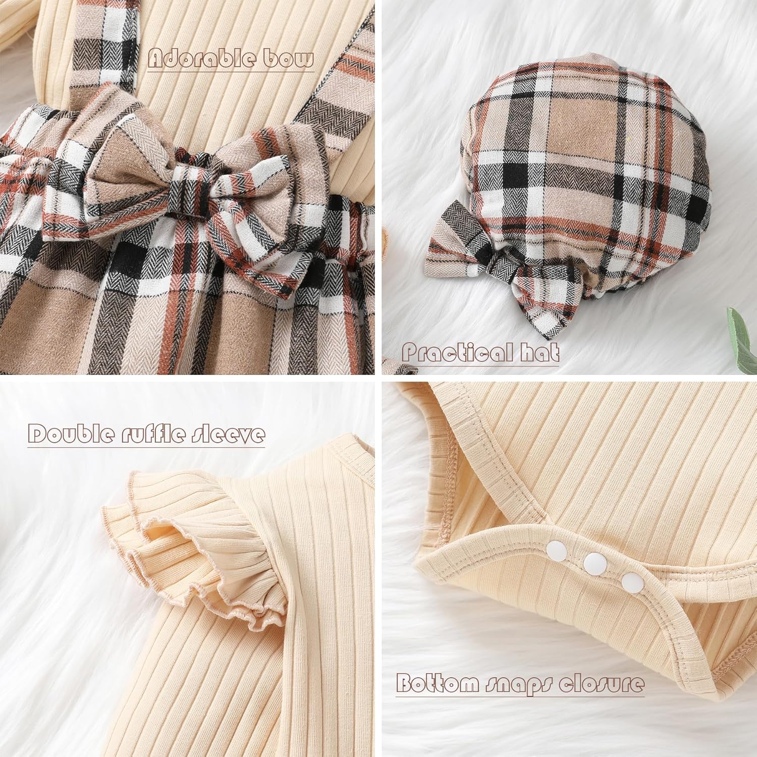 Infant Baby Girl Fall Outfit Ruffle Sleeve Romper Plaid Suspender Skirt Sets Layered Dress with Hat - Image 4