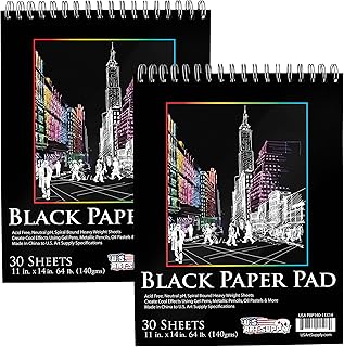 U.S. Art Supply 11" x 14" Premium Black Heavyweight Paper Sketch Pad, Pack of 2, 30 Sheets Each, 64lb (140gsm) - Spiral Bound Artist Drawing Paper - Colored Pencils, Gel Pens, Oil Pastels