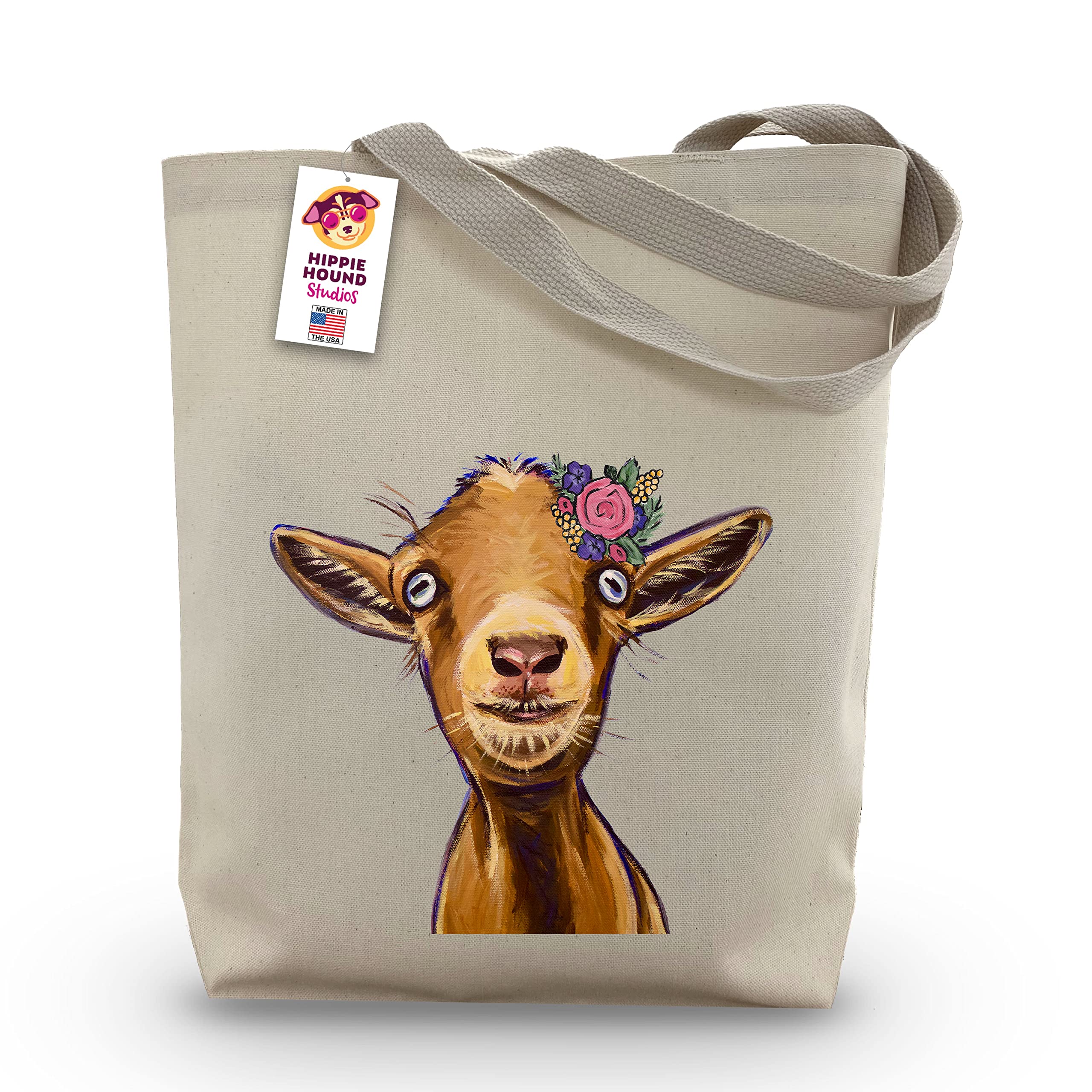 Goat Tote Bag - Goat Gifts for Goat Lovers - Flower Crown goat Totes -Handmade Totes - Goat Canvas Totes - Cute Goat Reusable Shopping Bag - Goat
