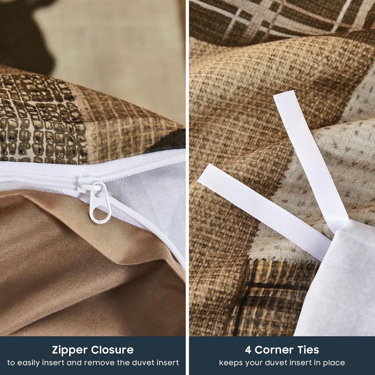 Wake In Cloud - Rustic Duvet Cover Set, Cabin Western Christmas Holiday Country Theme with Bear Deer Lodge Patchwork, Soft Lightweight Bedding, 3-Piece, Taupe Brown, Queen Size - Image 7