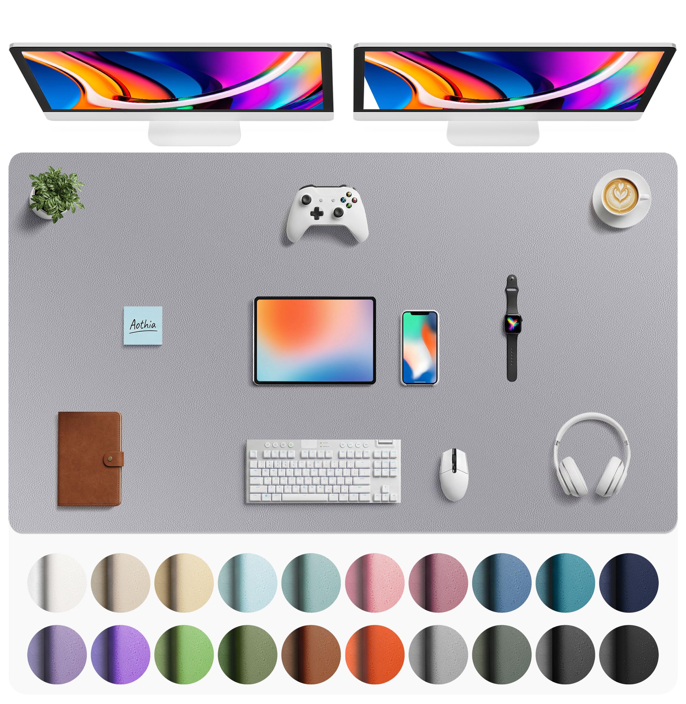 Aothia Faux Leather Desk Mat - Large Mouse Pad, Non-Slip PU Leather Blotter, Waterproof Writing Surface for Office and Home (Light Grey, 63" x 24")