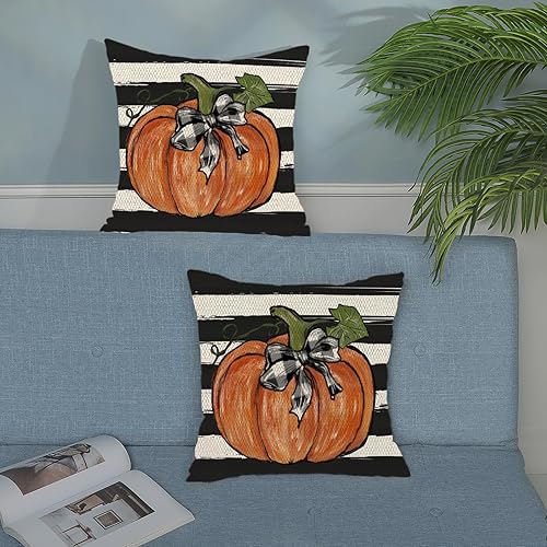 Miniatura 53 de Juego de 2 fundas de almohada de otoño de 18 x 18 pulgadas, hojas de arce de calabaza y búfalo a cuadros, decoración de otoño, de lino, Acción