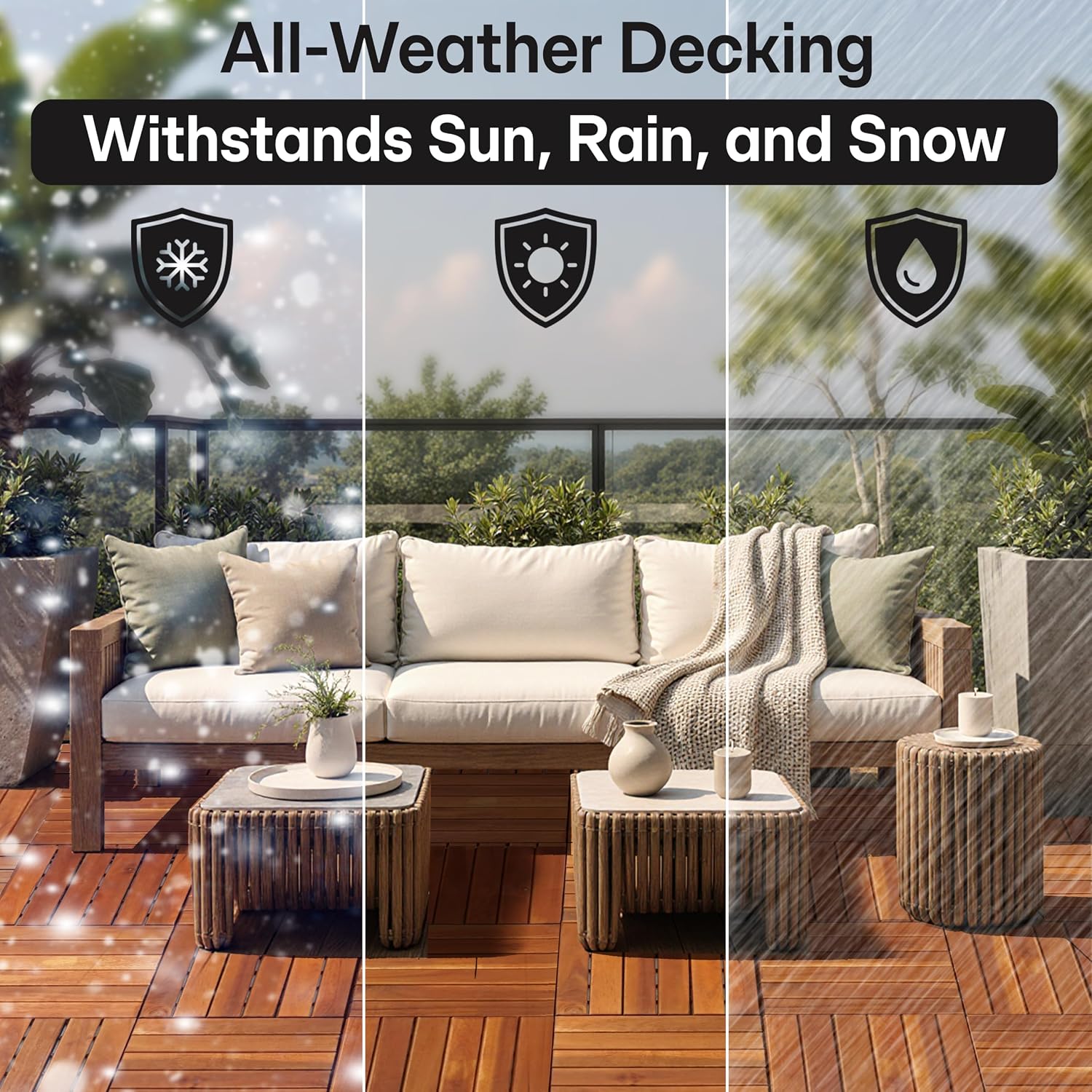 Wood Interlocking Deck Tiles - 12"x12" Indoor & Outdoor Flooring Tiles for Balcony, Backyard & Poolside, Weather & UV Resistant (Golden - Striped Pattern, 9 Pcs - 9 Square Ft)