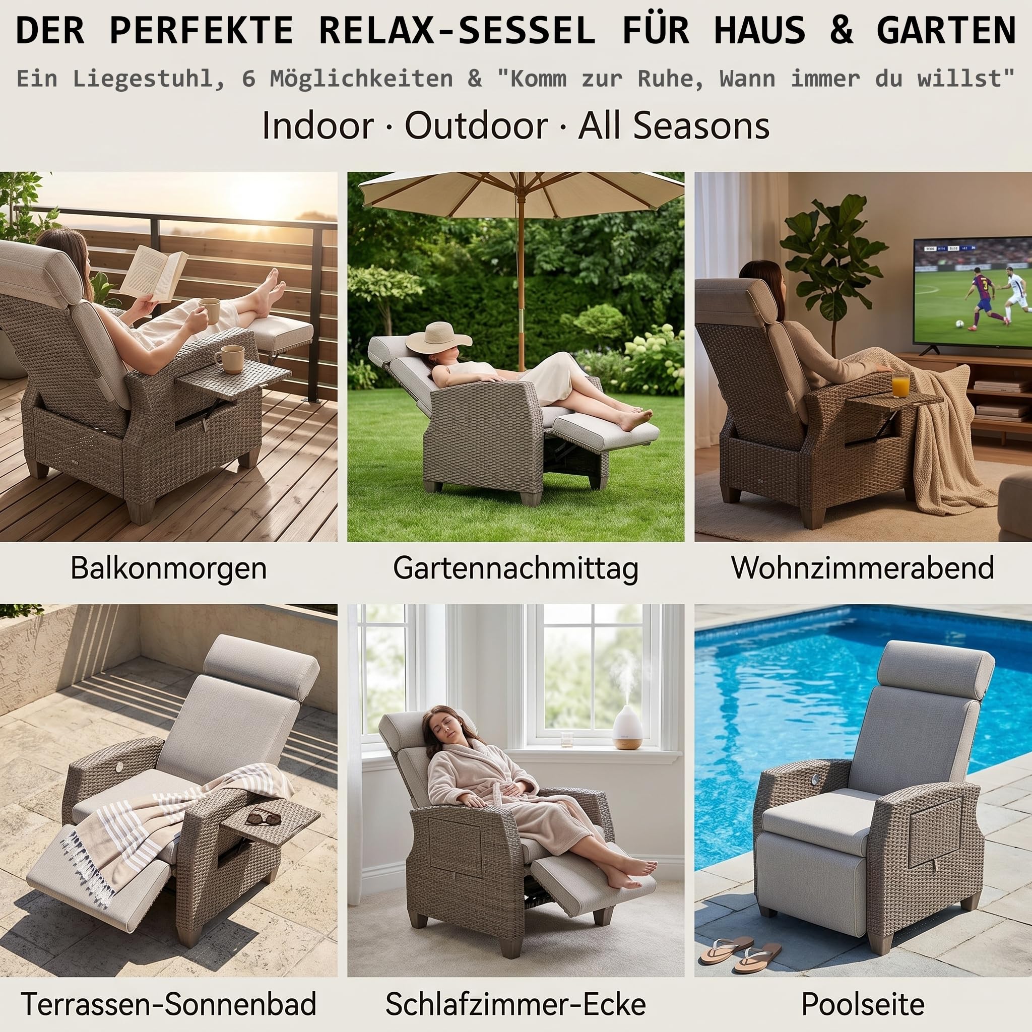 Sillón Relax Reclinable de Ratán para Jardín Exterior, Respaldo y Reposapiés Ajustables 160°, con Cojín Grueso y Funda, Mesa Auxiliar, Resistente UV, Carga 200KG, Tumbona para Terraza Patio y Salón