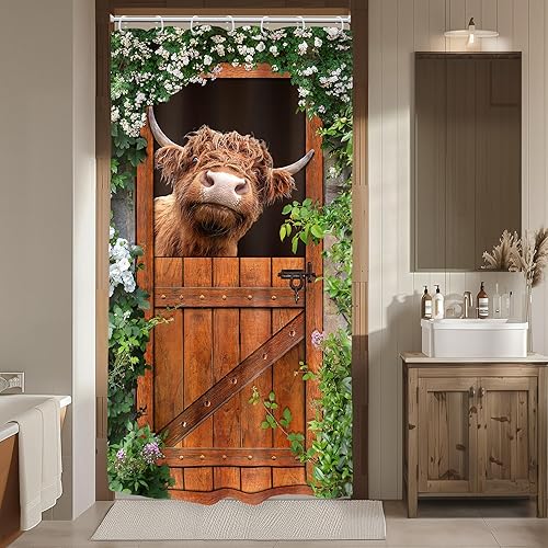 Miniatura 9 de Riyidecor Stall - Cortina de ducha divertida de vaca de las tierras altas, 36 pulgadas de ancho x 72 pulgadas de alto, pequeñas cortinas rústicas