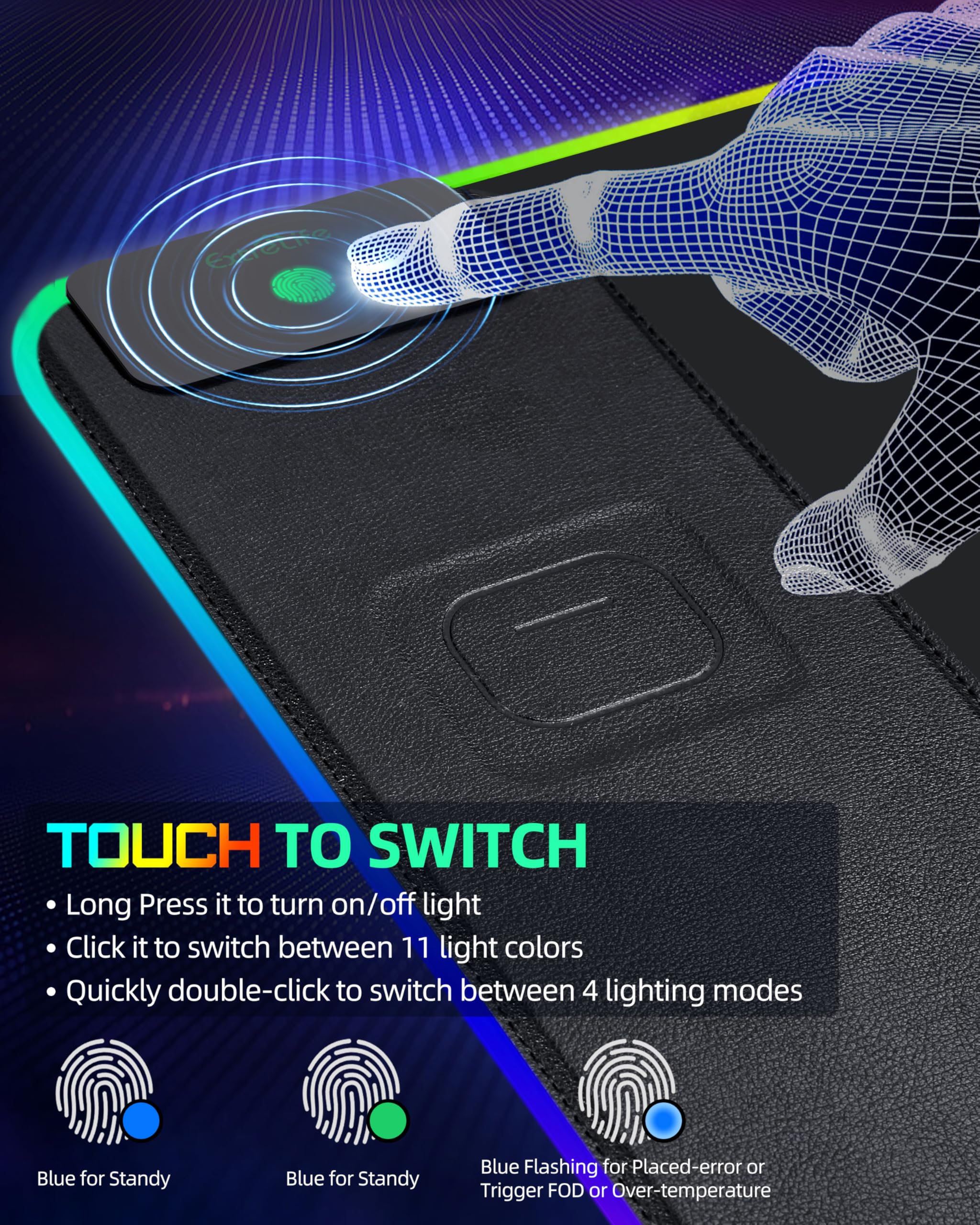 Tappetino per mouse con ricarica wireless, tappetino da scrivania da gioco RGB, tappetino da scrivania XXL da 80 x 40 cm, 15 modalità di illuminazione, tappetino per mouse antiscivolo, tappetino per