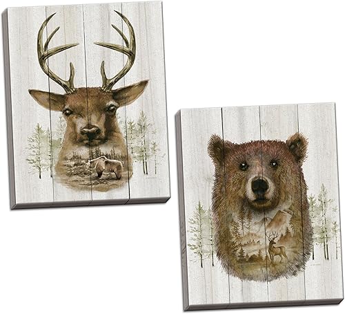 Gango Home Décor Lodge Bear Retrato de desierto y retrato de ciervo por Ed Wargo (listo para colgar) dos lienzos estirados a mano de 12 x 16 pulgadas