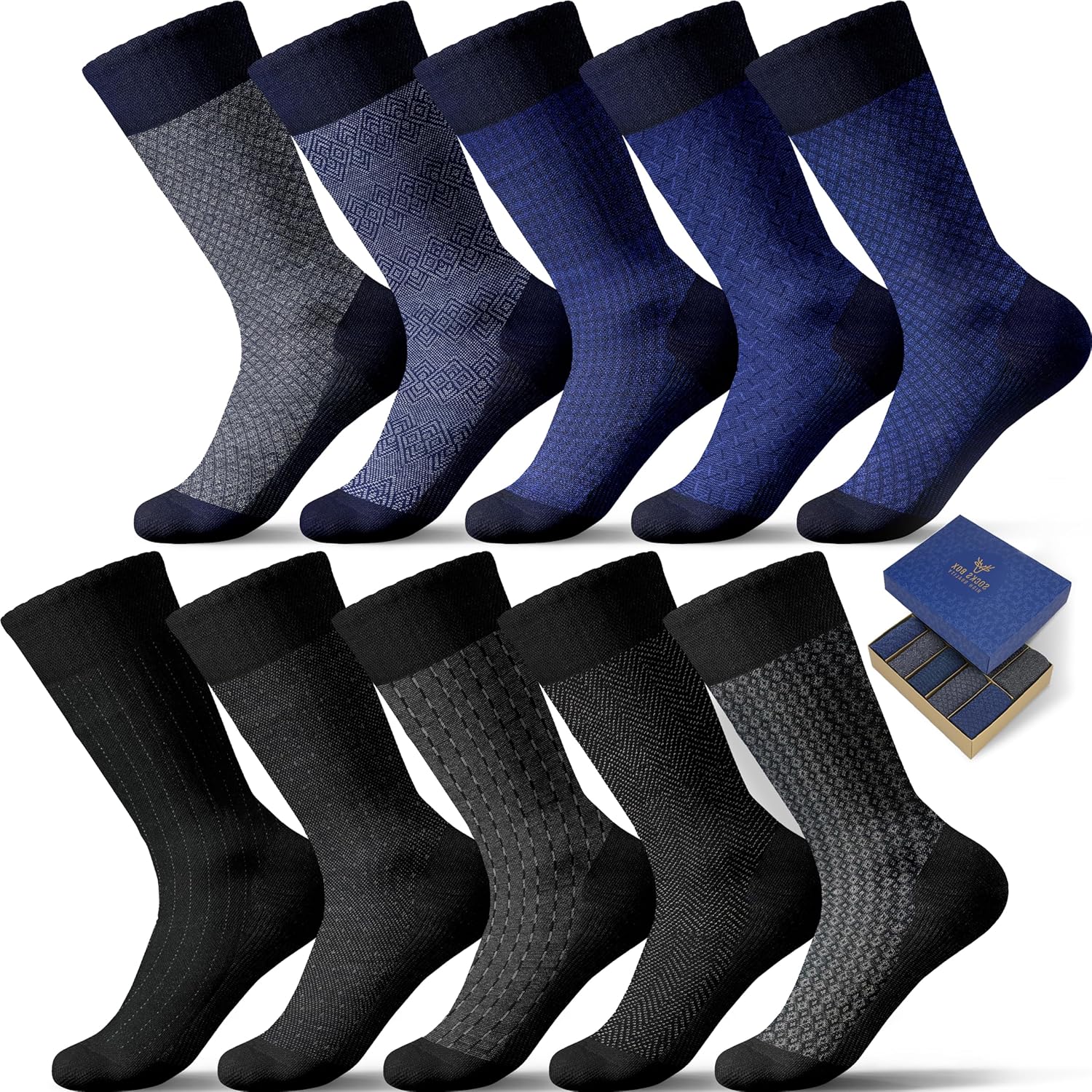 Mens Dress Socks, Premium Bamboo Rayon Socks for Men, Patterned, Elegant Design, 5/10 Pack, Gift Box
