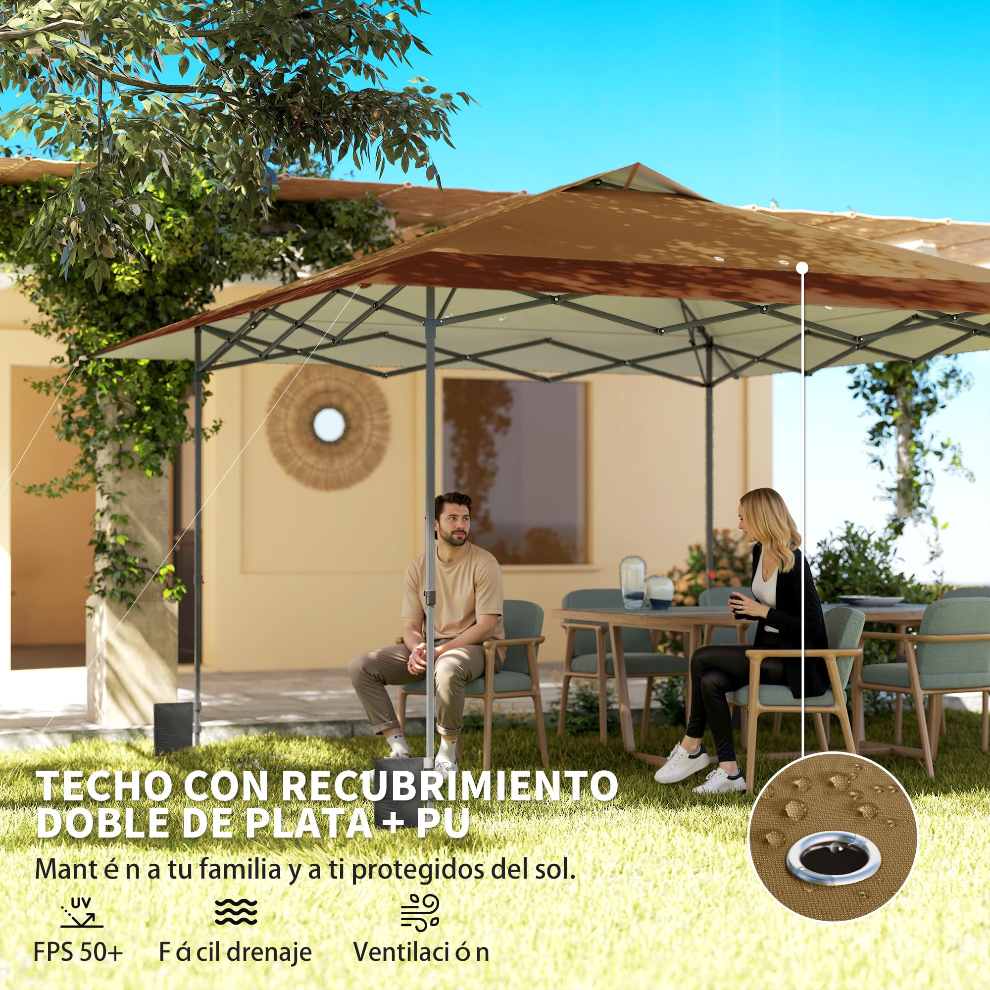 Outsunny Carpa Plegable Pop-up Gazebo 4x4 m Bloqueo Central Beige y Café | Cenador Plegable, UPF50+, Altura Ajustable, 4 Bolsas de Arena, Bolsa de Transporte con Ruedas, Camping, Fiestas