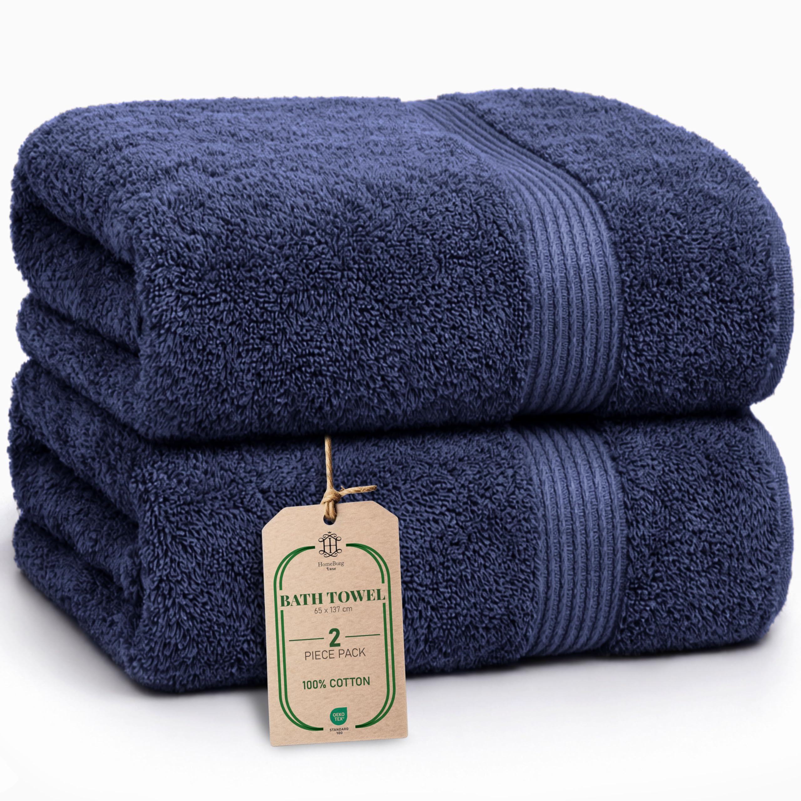 HomeBurg Luxe 2-Piece Bath Towel Set – Large Soft Cotton Towels, Absorbent, Durable & Skin-Friendly, Machine Washable, 65 × 137 cm, Navy Blue
