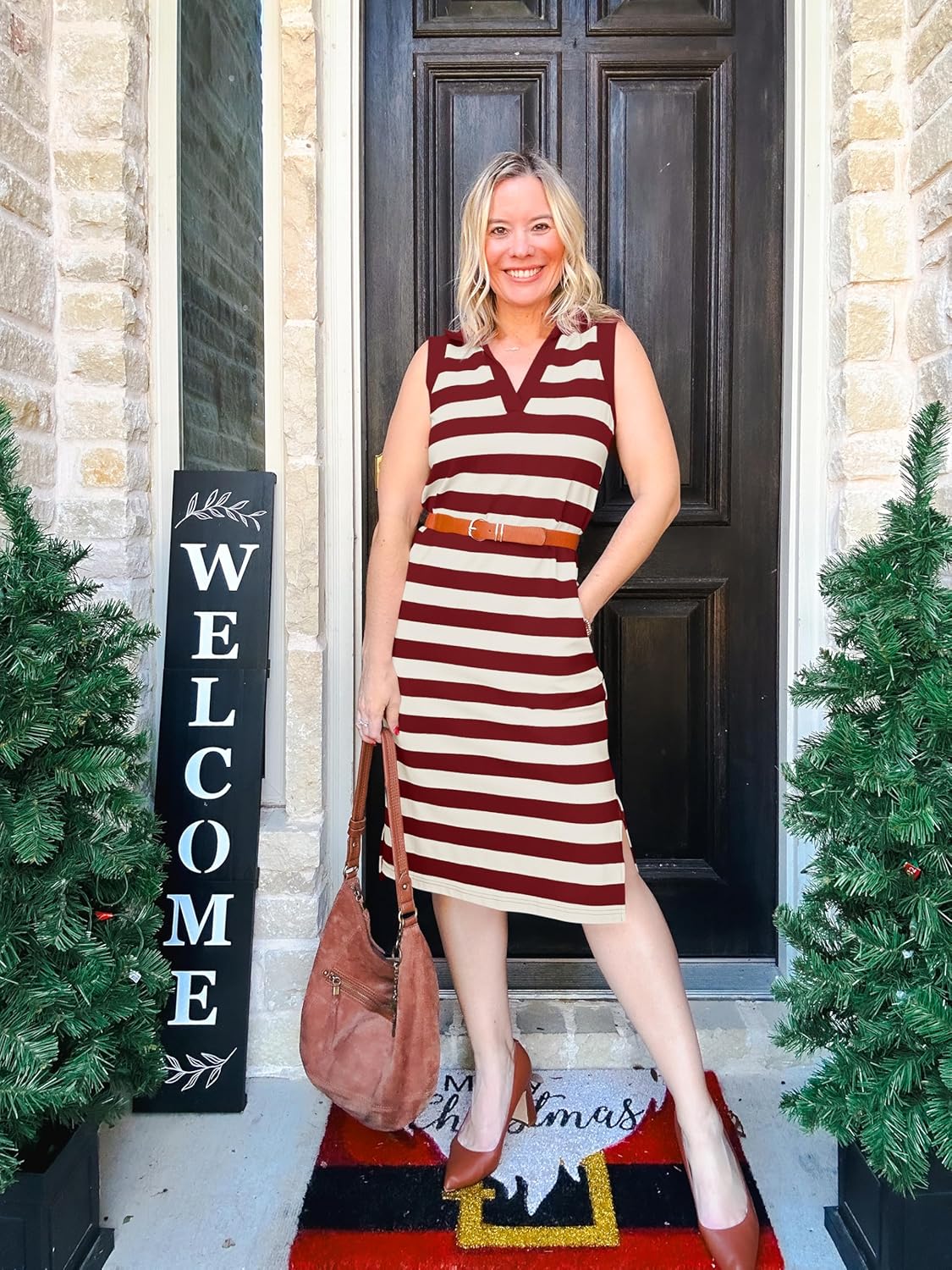 Wenrine Women's Striped Summer Dress Casual Polo V Neck Sleeveless Slit Loose Fit T Shirt Midi Dresses - Image 6