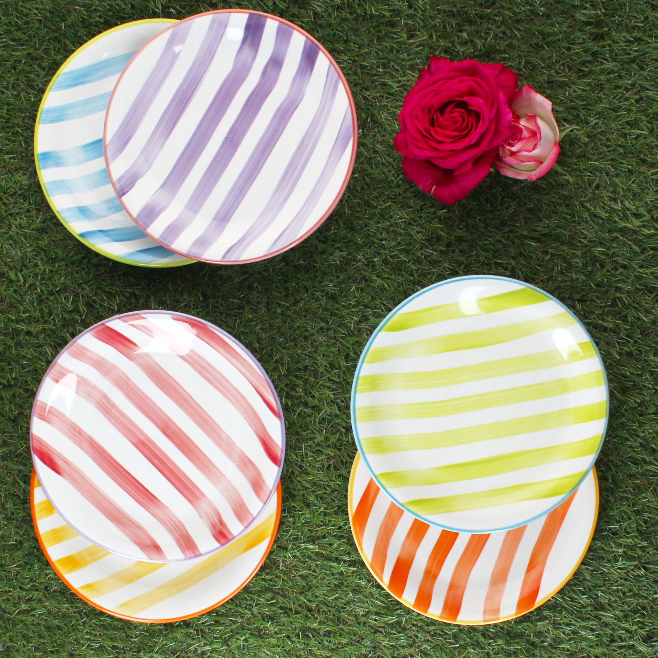 MamboCat Summer Stripes Lot de 6 assiettes à gâteau, en faïence, avec rayures colorées, pour 6 personnes, petites assiettes pour salade, dessert, amuse-bouches, etc.