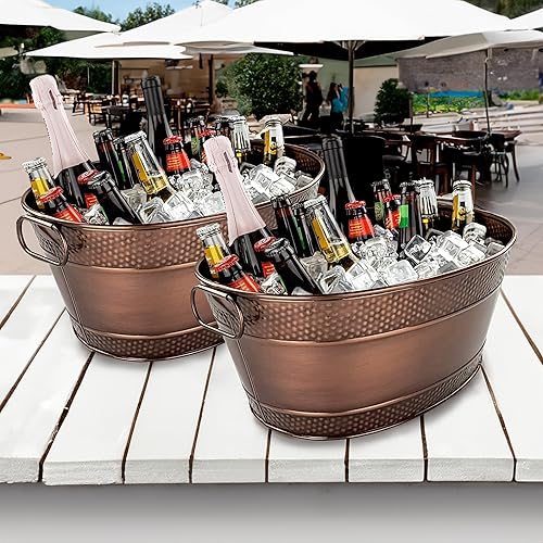 Miniatura 6 de BREKX Colt - Recipientes para bebidas con acabado de cobre para fiestas, cubetas ovaladas martilladas para 16 botellas para fiestas, cubos de hielo