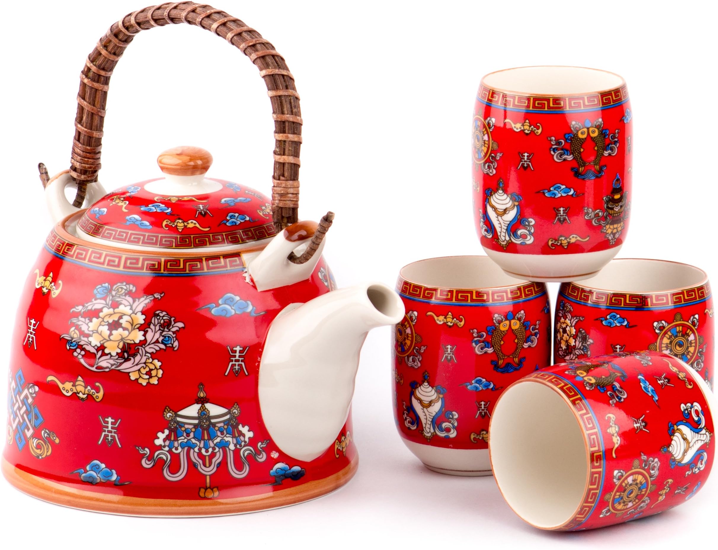 Large 4 Teacups Kettle Tea Set by Tea of Joy - Japanese Prosperity Teaset for Women and Men - Perfect Patio and Dining Room Dinnerware Teapot with Stainless Steel Infuser Strainer for Loose Leafs