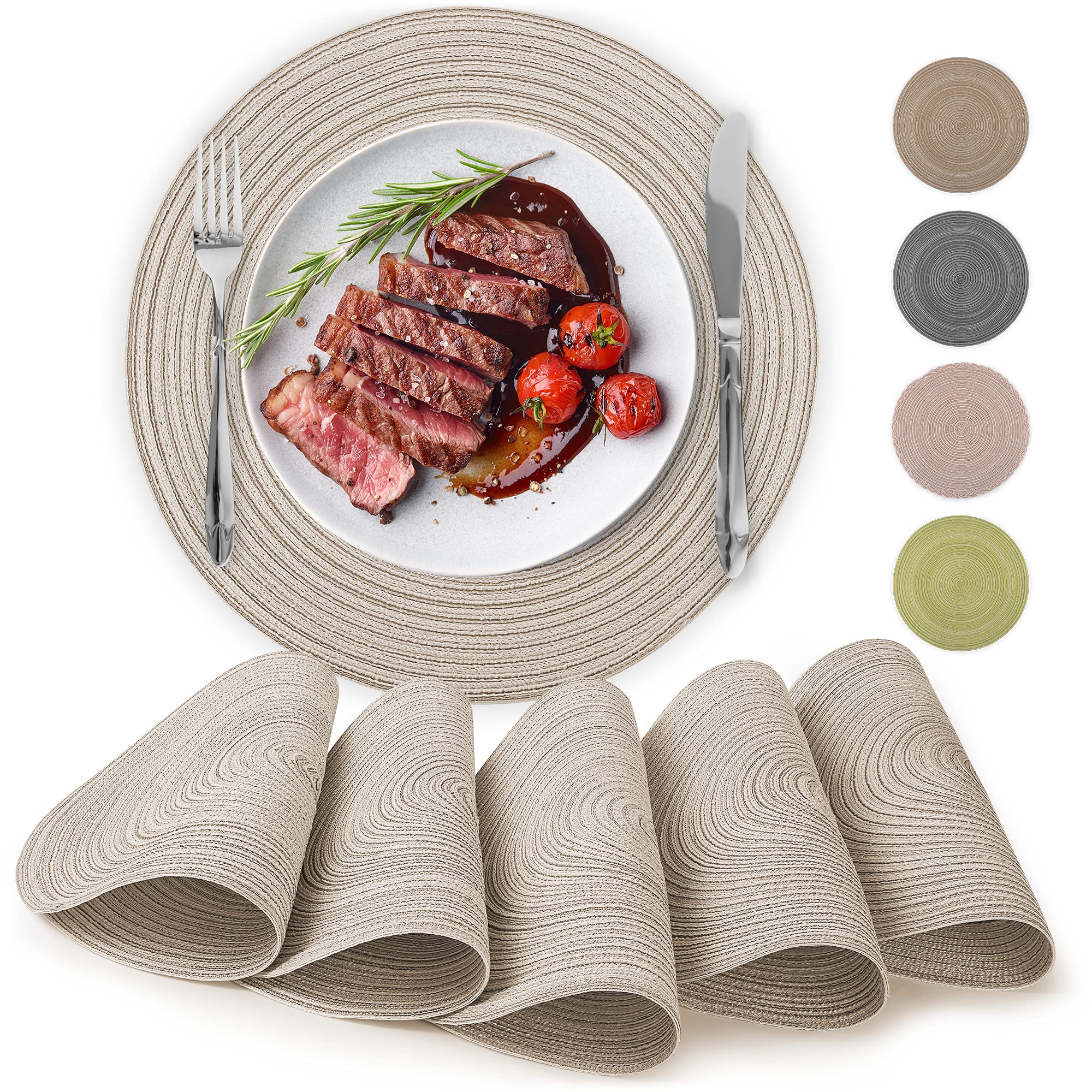 Zulay Kitchen 15 Inch Round Placemats for Dining Table Set of 6 - Braided Round Place Mats & Anti-Skid Placemat - Heat Resistant Round Woven Placemats & Table Mats for Dining (Beige)