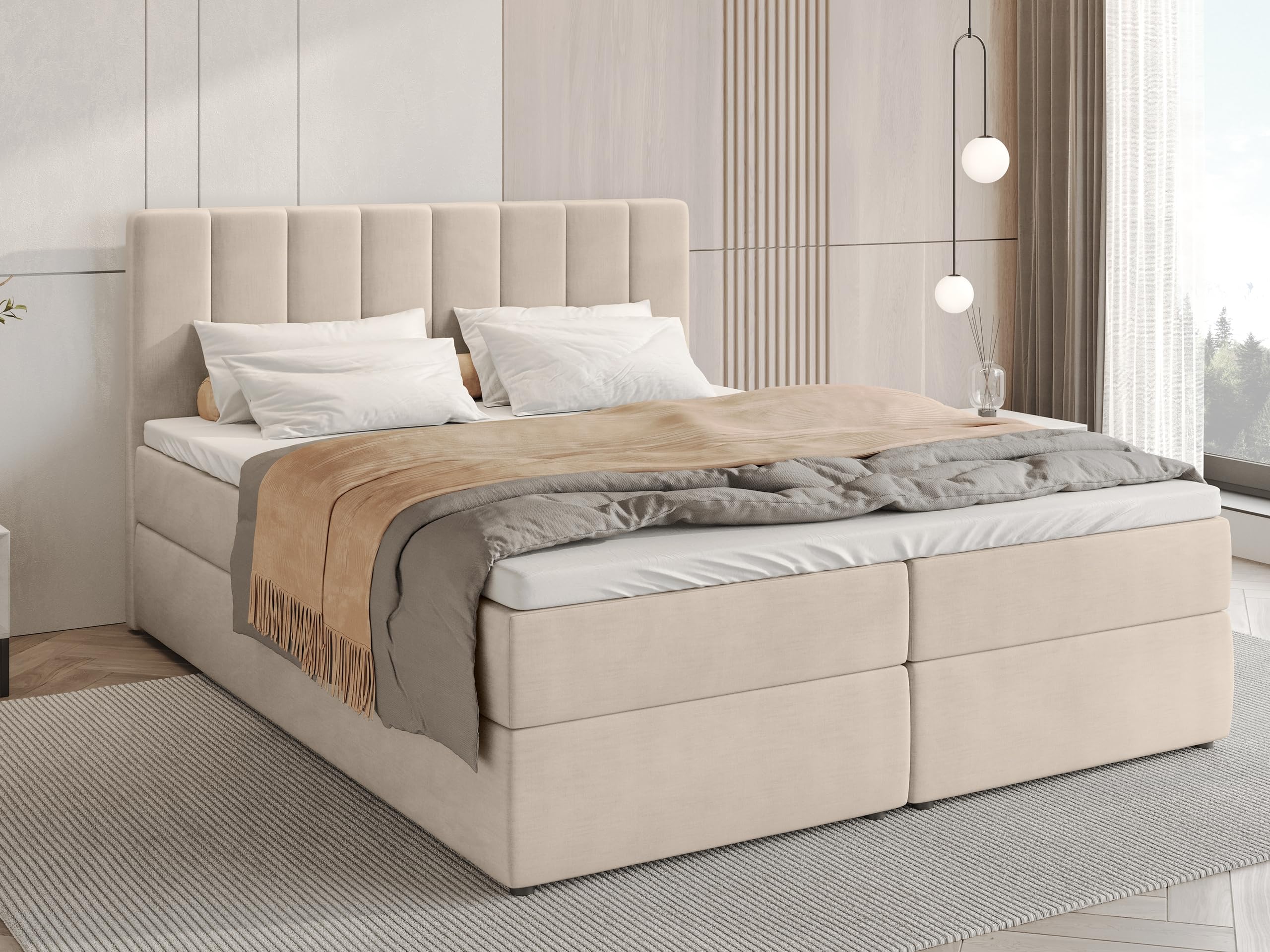 BROMARKT Boxspringbett mit Matratze 160x200cm Bett mit Topper Beige | Polsterbett mit Bettkasten Doppelbett für Schlafzimmer gepolsterte Kopfstütze Bed Bonell Härtegrad H3 DENVER