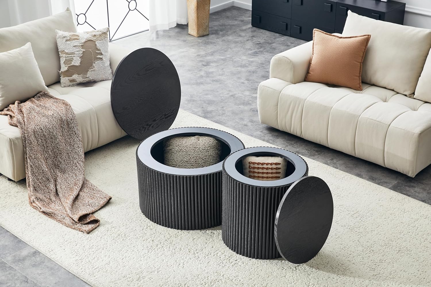 kevinplus Round Coffee Table Set of 2 with Storage, Wood Side End Table Set for Living Room, Small Drum Circle Design for Bedromm Apartment, Wooden Lid, Black (2-Pcs)