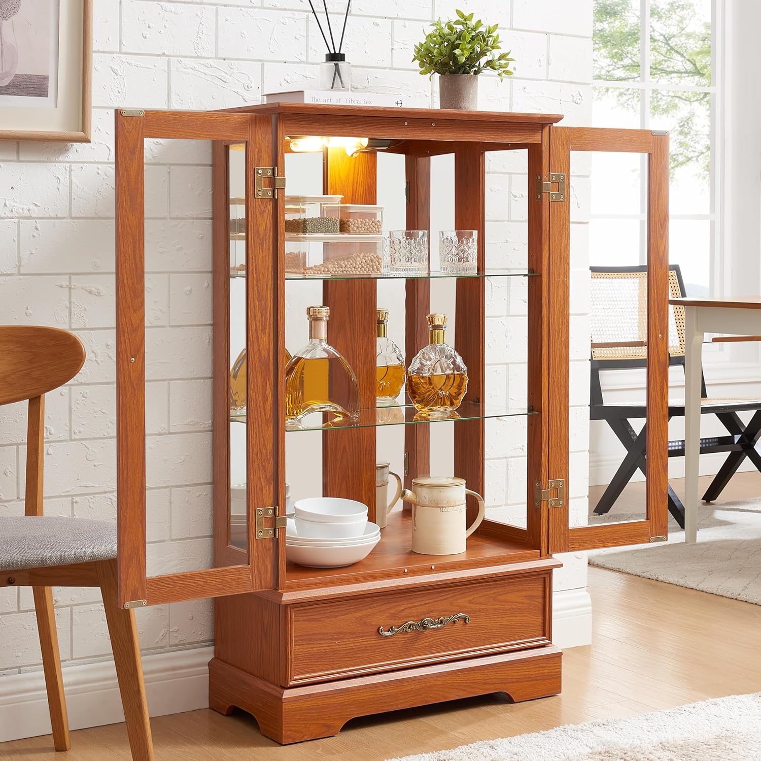 Lighted Glass Cabinet Curio Display Cabinet with Adjustable Tempered Glass Shelves, 2 Doors, 1 Drawer, Vintage Dark Oak Finish, Mirrored Back, Bulb Included, Anti-Tip Strap