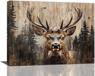 Gyeong Farmhouse Deer Wall Art Country Wild Animal Wall Decor Hunting Elk Pictures Canvas Print Painting Artwork Home Decorations for Men Boy Bedroom Living Room Bathroom 16"x12"