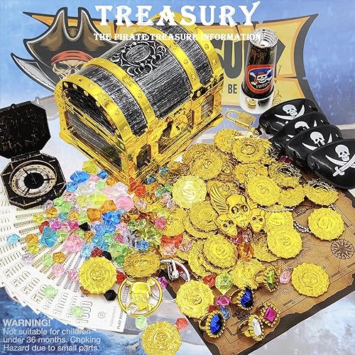 Miniatura 2 de Juego de 182 piezas de cofre del tesoro de pirata con marco dorado para niños, con candado, mapa, monedas, gemas, aretes, anillos, parche para ojos,