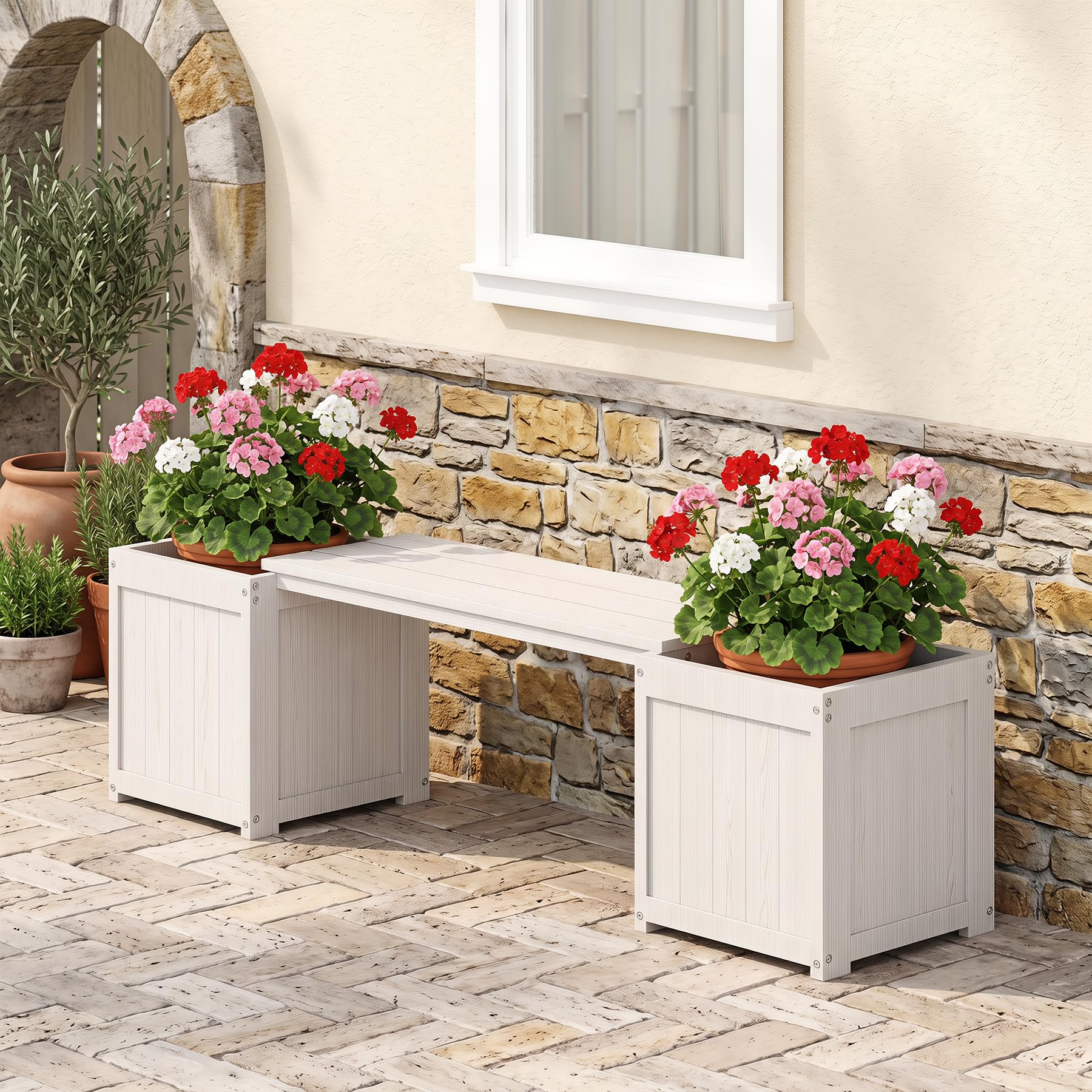Domi HDPE Outdoor Front Porch Garden Bench Planter with Flower Boxes