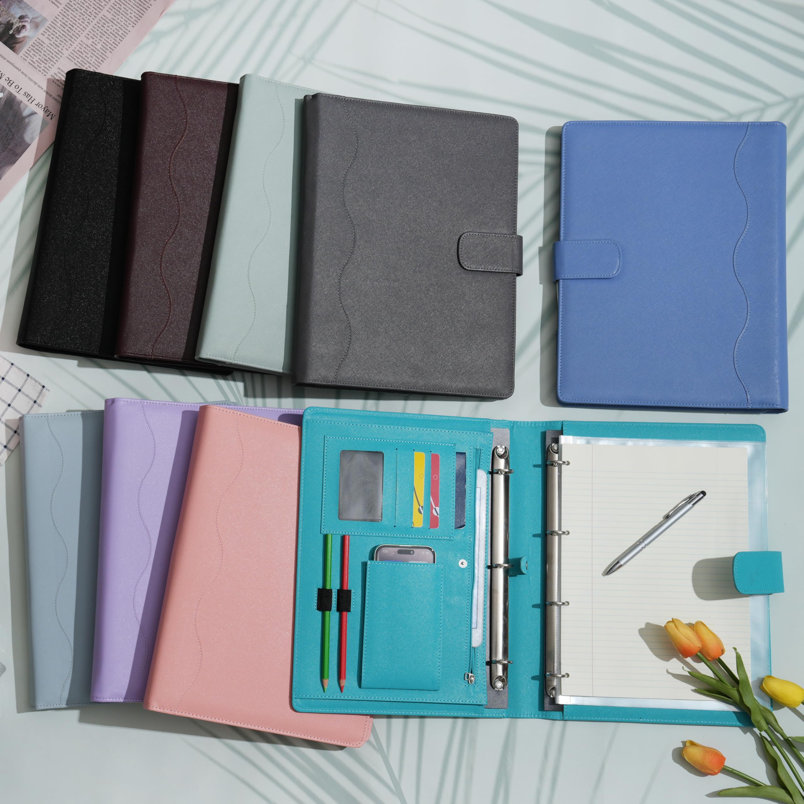 Wonderpool Portadocumenti A4 PU Pelle 4 Anelli Raccoglitore Rimovibile Tasca Funzionale Organizzatore Ufficio Viaggi Scuola Ciano