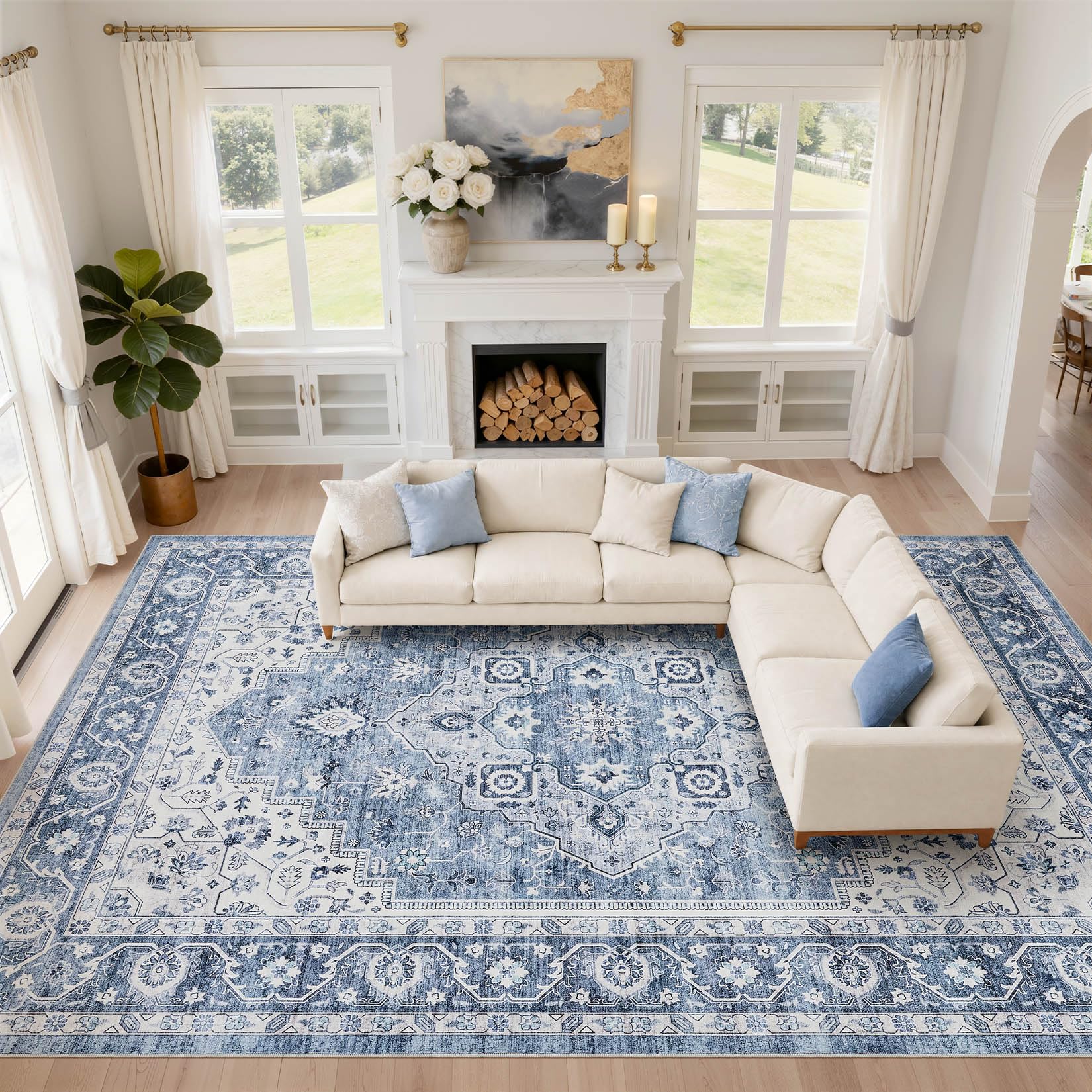 LOONGRUG 10x14 Area Rugs Washable Vintage Boho Living Room Rug Blue Gray