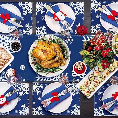 Miniatura 7 de Peryiter Juego de camino de mesa y manteles individuales de copo de nieve de 7 piezas de invierno de 13 x 72 pulgadas, color azul marino con 6