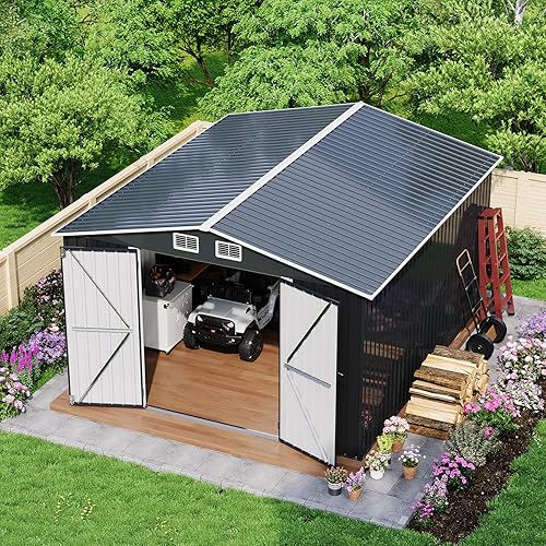 GarveeLife 12 X 10 ft Outdoor Storage Shed, Metal Garden Sheds & Outdoor Storage with Updated Frame Structure, Backyard Garden Terrace Tool Shed for Backyard, Lawn, Patio, Bike Storage, Gray
