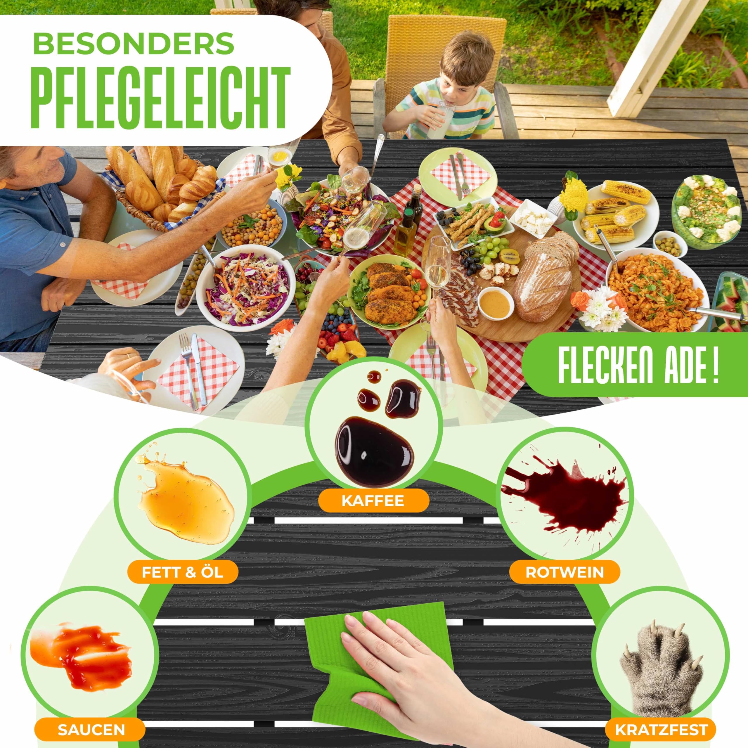 KESSER® Tavolo da giardino 156 x 78 cm, per 6 persone, resistente alle intemperie e ai raggi UV, tavolo da esterno con struttura in acciaio verniciato a polvere e piano in plastica effetto legno, con
