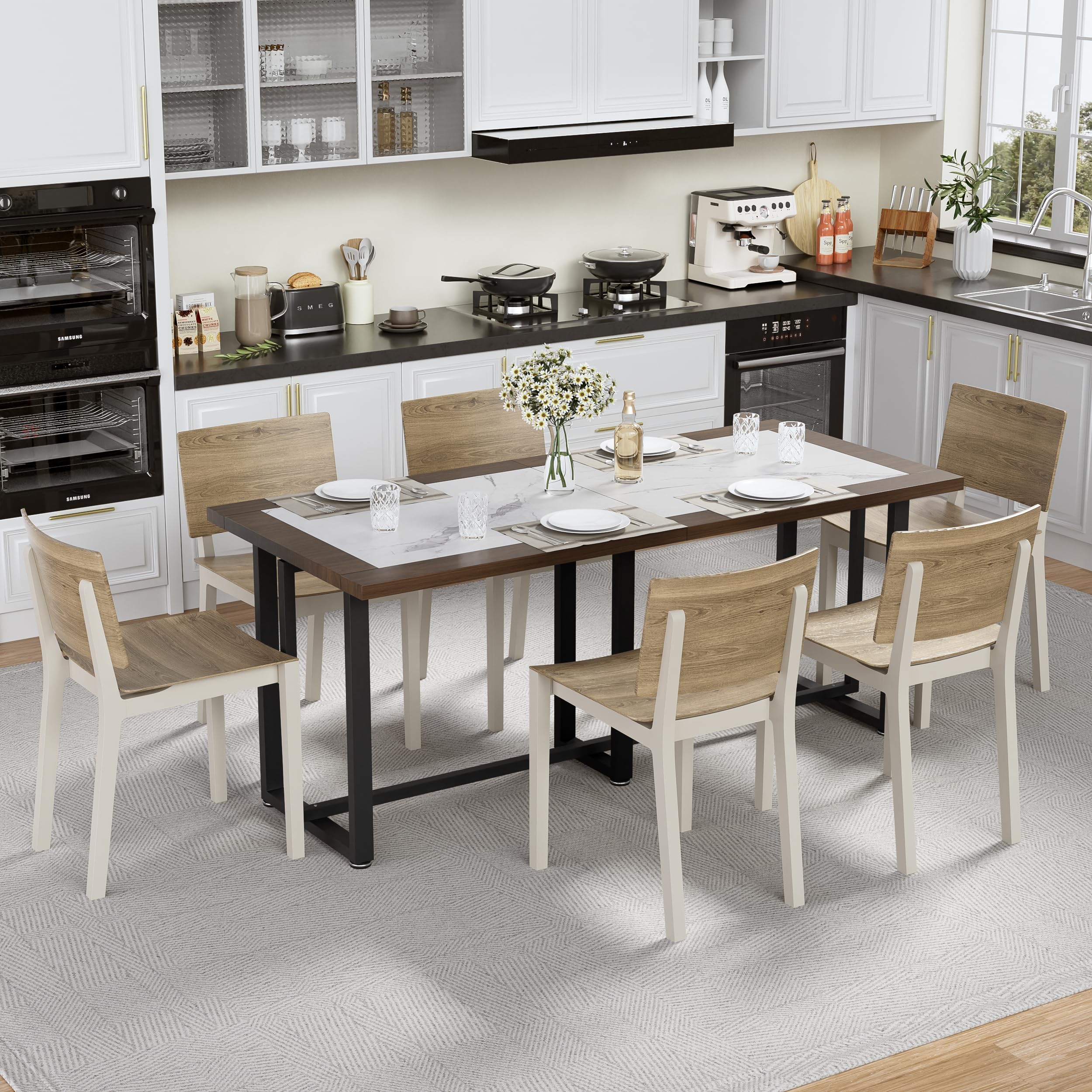 PAKASEPT Dining Table for 6-8 People, 71" Rectangular Wood Kitchen Table with Strong Metal Frame, Modern Large Long Dining Room Table for Office Kitchen Living Room