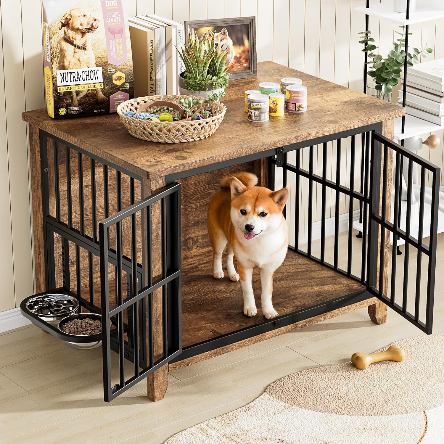 Lulive Dog Crate Furniture, Wooden Dog Kennel Indoor with Adjustable 360°& Height Dog Bowls, Double Doors Furniture Dog Crates End Table for Small/Medium 31.5" L*22.5" W*25.6" H, Brown