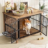 Vista 3 de Lulive Mueble de jaula para perros, jaula de madera para perros de interior con cuencos ajustables de 360° y altura, muebles de doble puerta