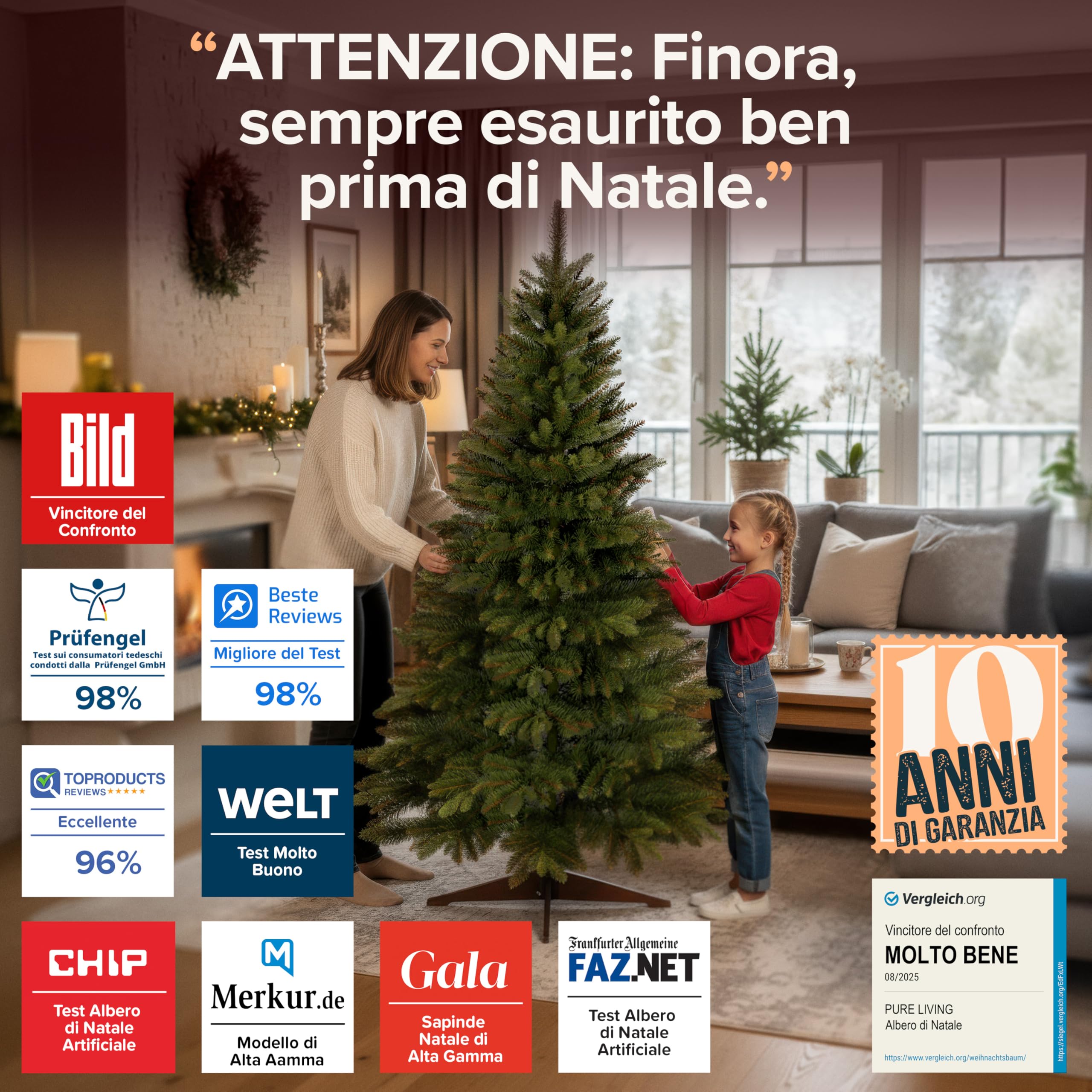 Albero di Natale Artificiale Premium 180cm – Realistico, Rami Fitti, con Base in Legno e Borsa per Riporre – Albero di Natale di Pure Living