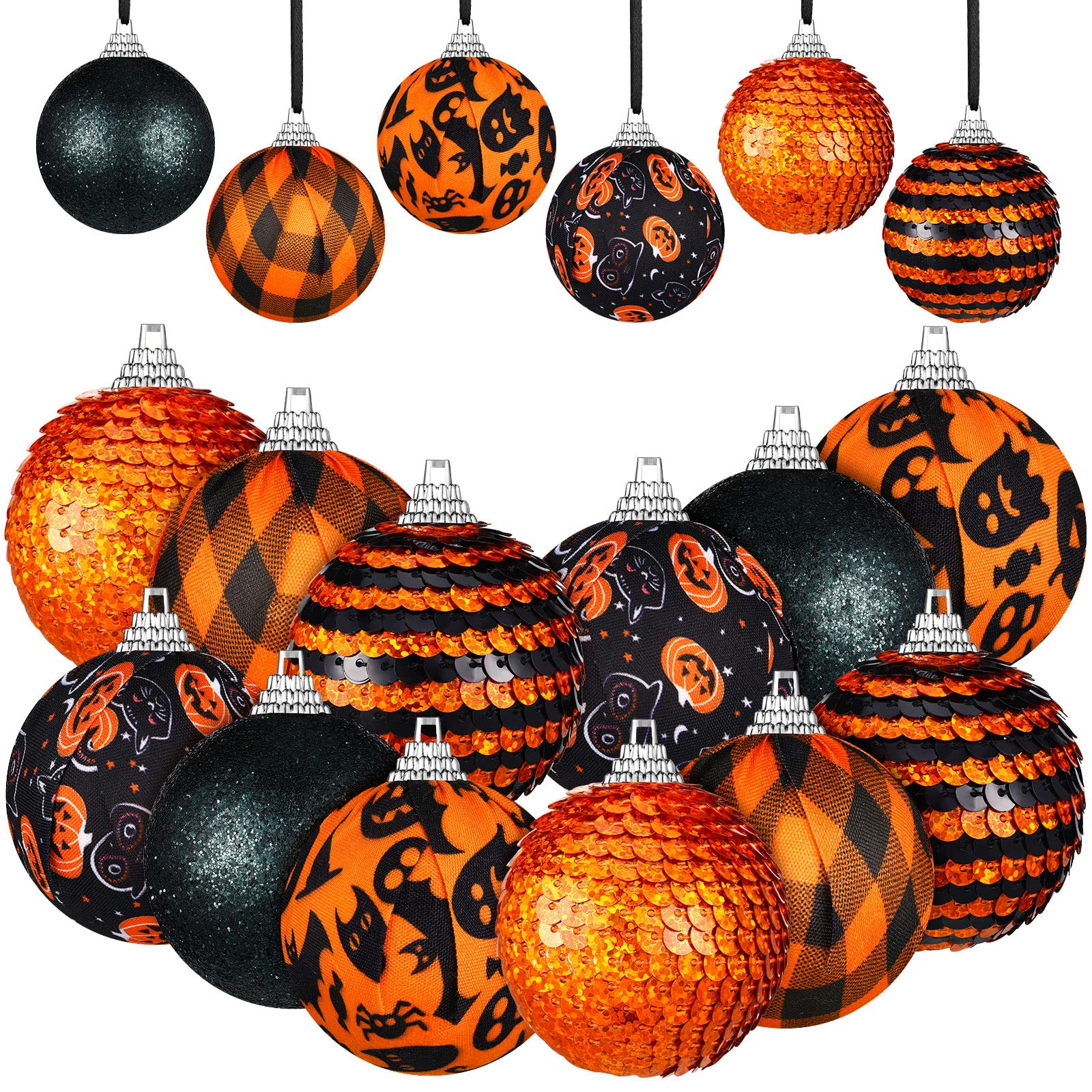 Boules d'halloween citrouille pailletées lot de 12 suspensions pour fêtes