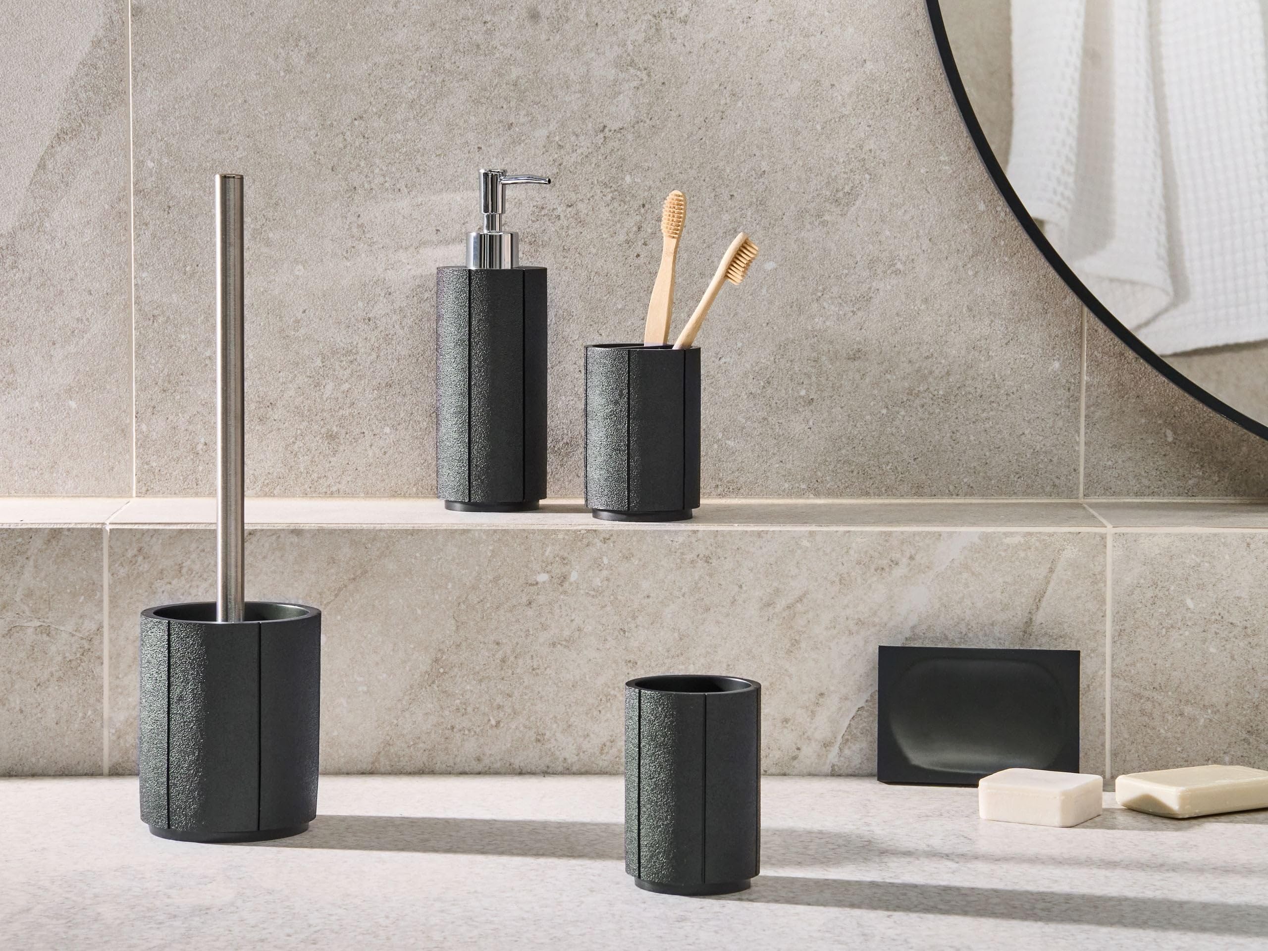 Conjunto de 5 Accesorios de baño jabonera dispensador de jabón escobilla de Inodoro Vaso Soporte para cepillos de Dientes Negro Huallanga