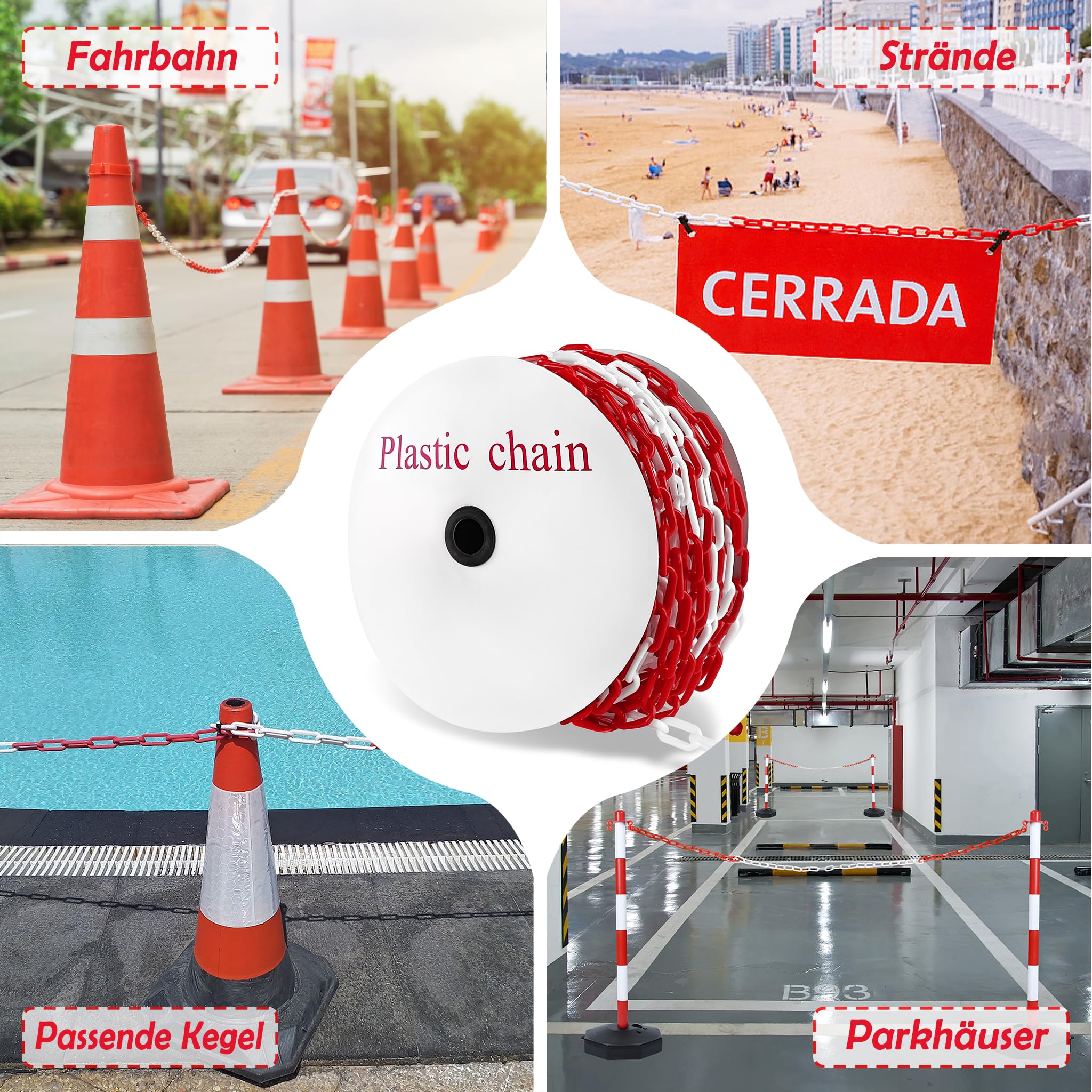 Absperrkette 25m, Rot-weiß – Leichte Kunststoffkette Mit 6 Karabinern | Für Baustelle, Parkplatz & Garten