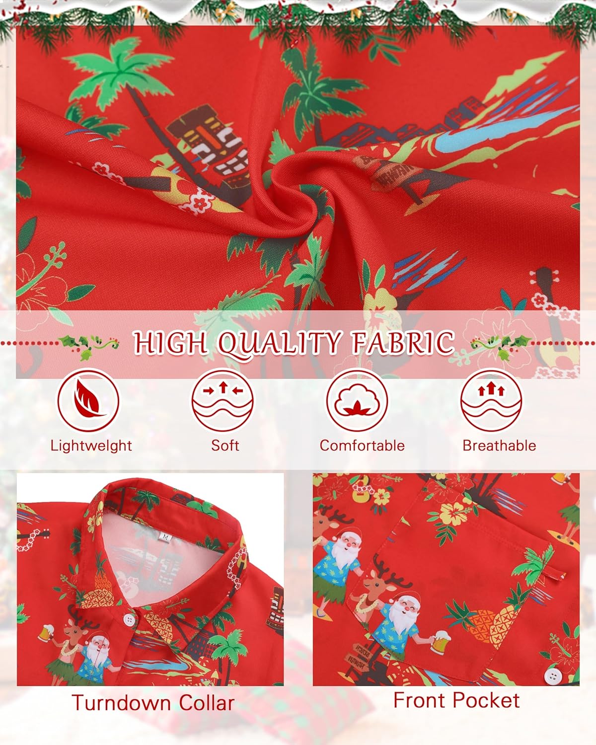FISHEAL Christmas Hawaiian Shirts for Men - Tropical Short Sleeve Button Down Beach Vacation Holiday Shirt - Image 4