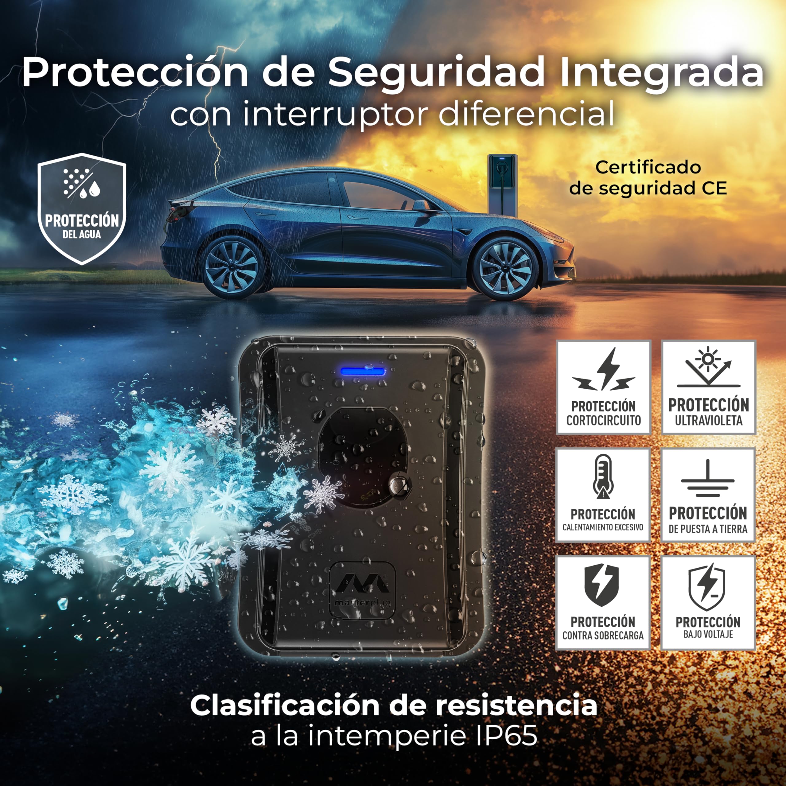 Masterplug Estación de Carga EV de Pared para Vehículos Eléctricos Tipo 2, Cargador Coche Eléctrico con Cable de 5m y Función de Fija Automático, Monofásico, Modo 3, RFID, IP65, 7.4kW, 32A, EVCM3BT7BR