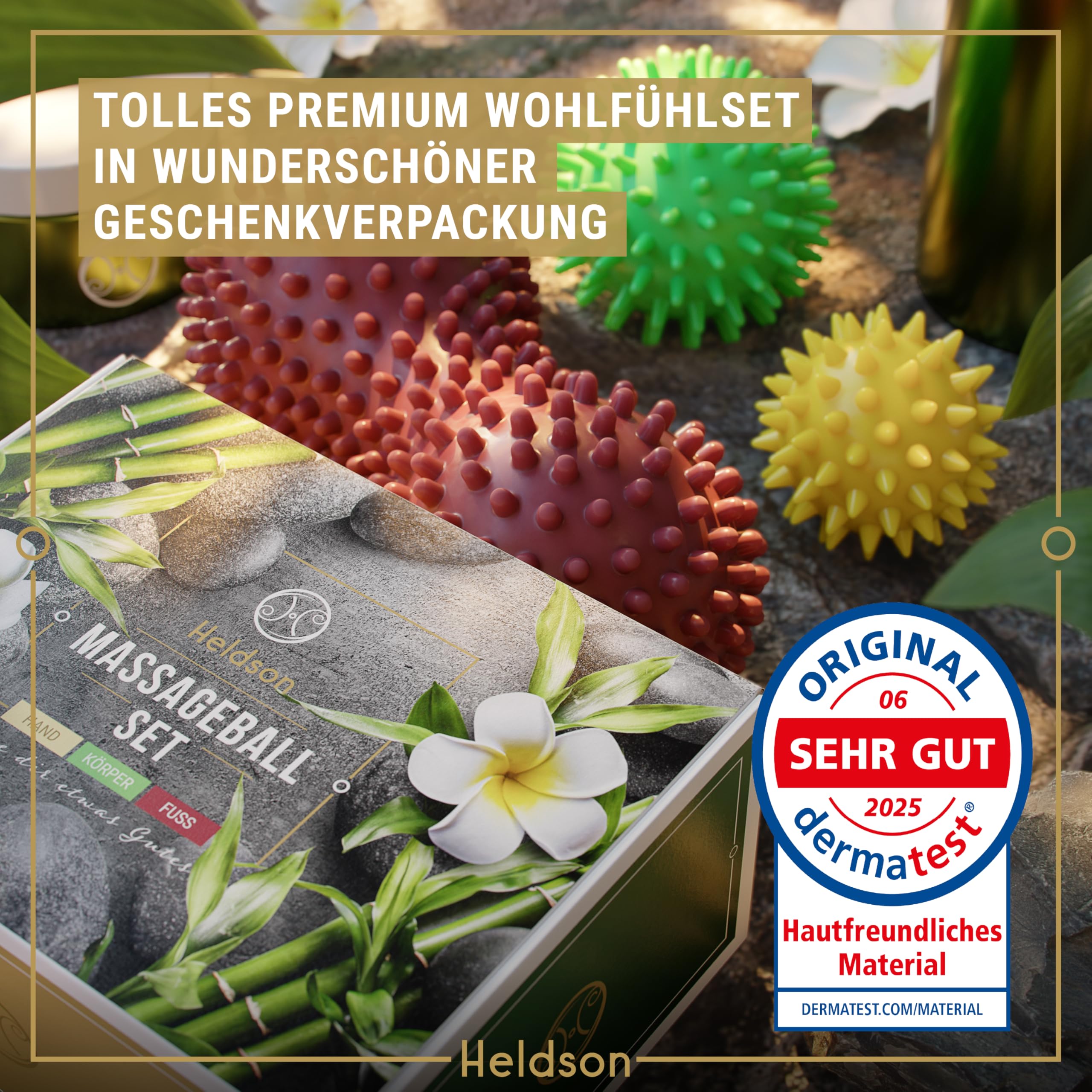 HELDSON Piłka do masażu premium, 3-częściowy zestaw z piłką Peanut Ball – piłka do masażu stóp z wypustkami – małe piłki do masażu powięzi – piłka do masażu powięzi – piłka do masażu stóp – wypustki