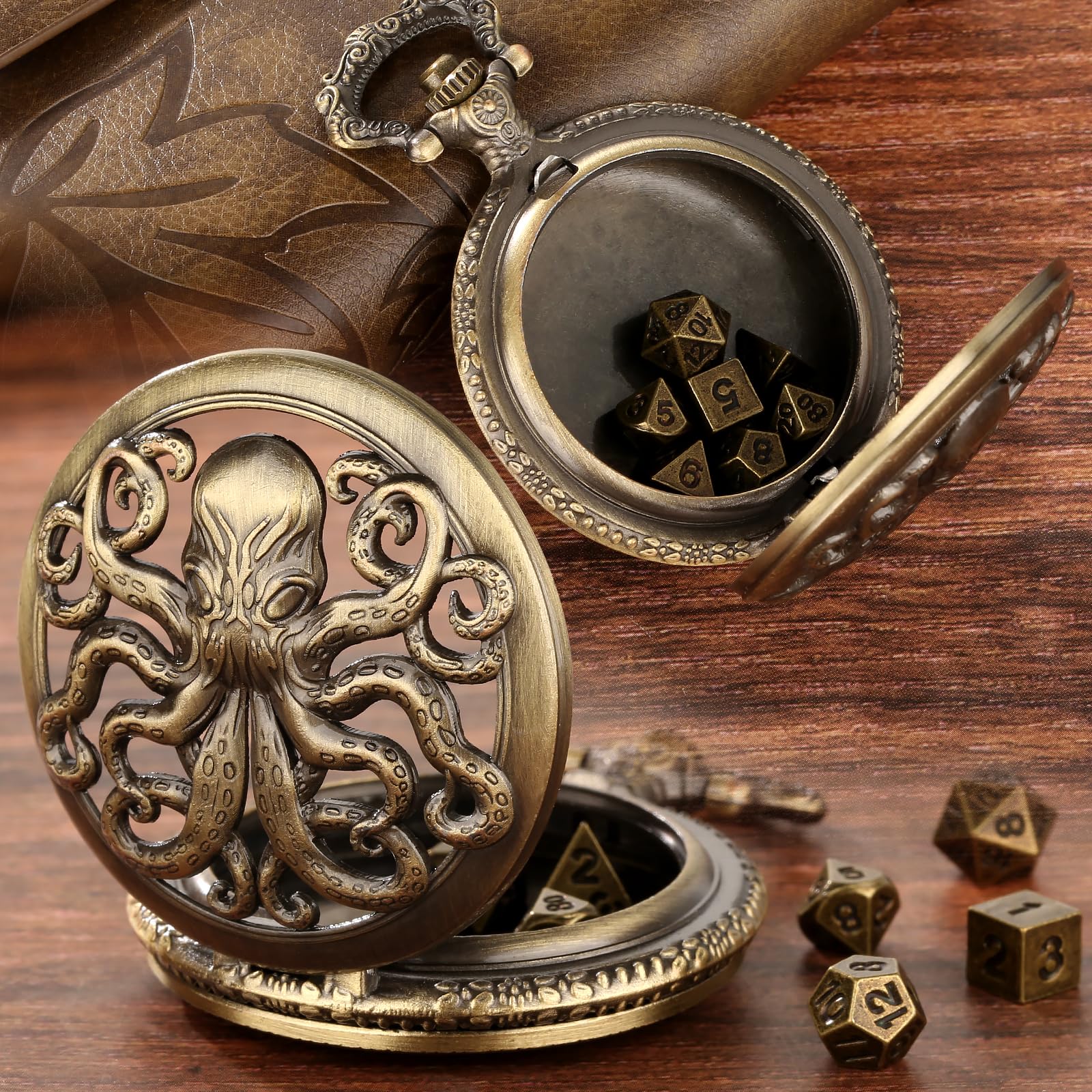 Set di Mini Dadi DND Steampunk Bronzo Cassa Cava Polpo Oorologio da Tasca, 7 pezzi in Metallo Poliedrico Set di Dadi D&D, Regali di DND con Confezione Regalo, Accessori per Giochi da Tavolo di Ruolo
